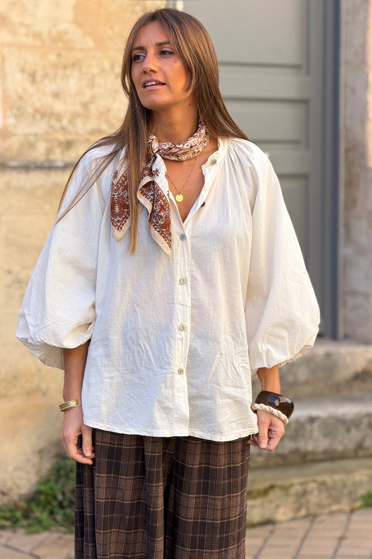 Cream Cotton Blouson Sleeve Blouse