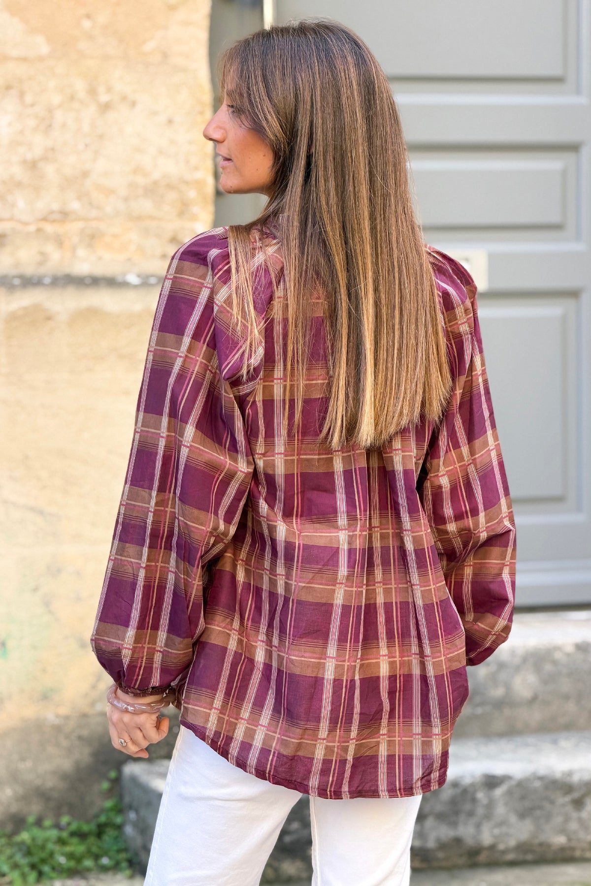 Aubergine Shirred Plaid Button-Down Blouse