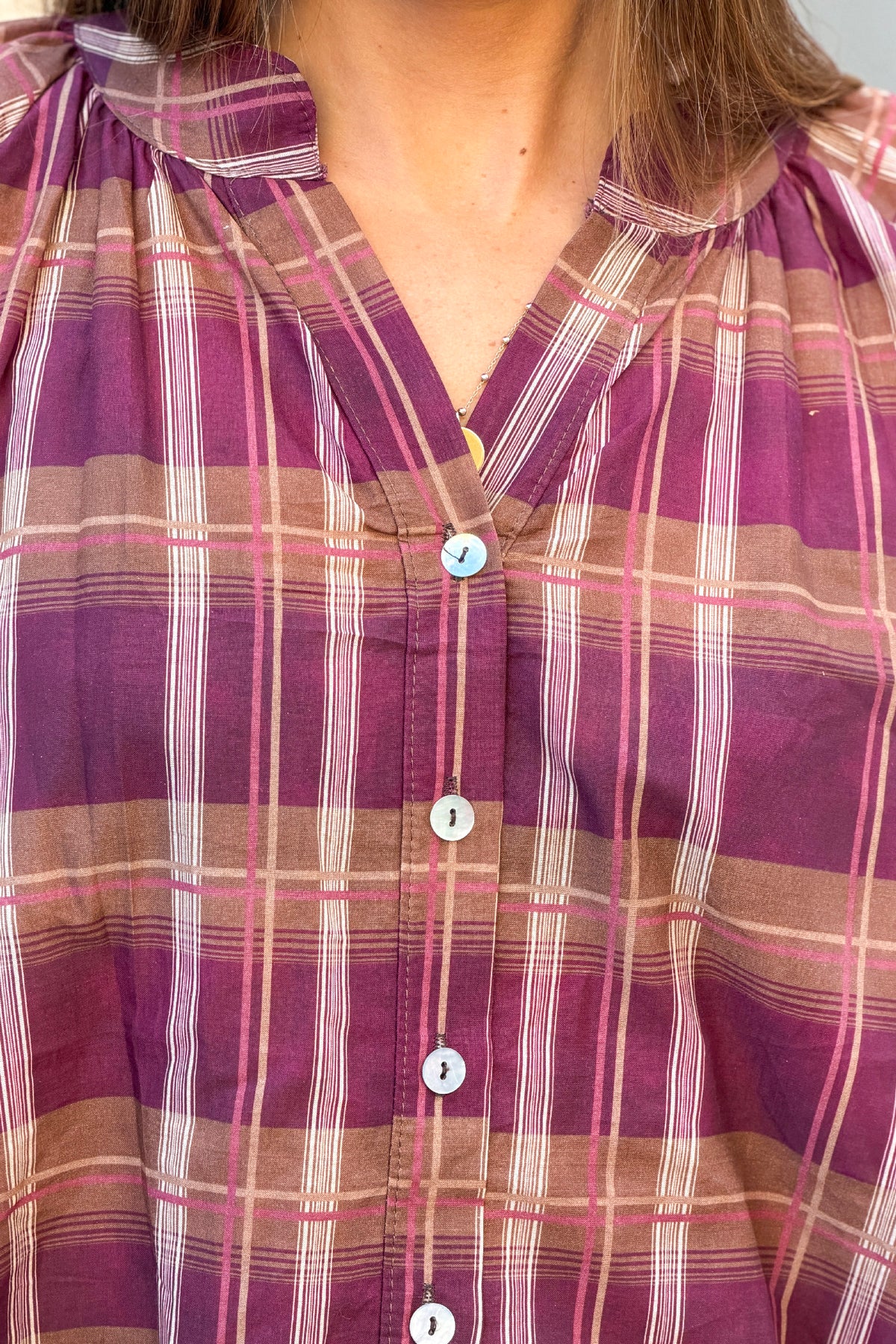 Aubergine Shirred Plaid Button-Down Blouse