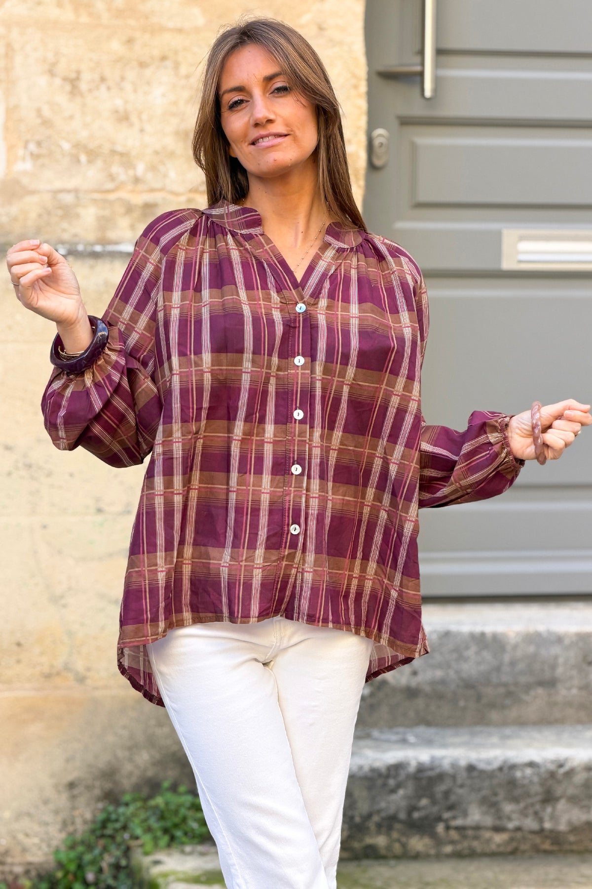Aubergine Shirred Plaid Button-Down Blouse