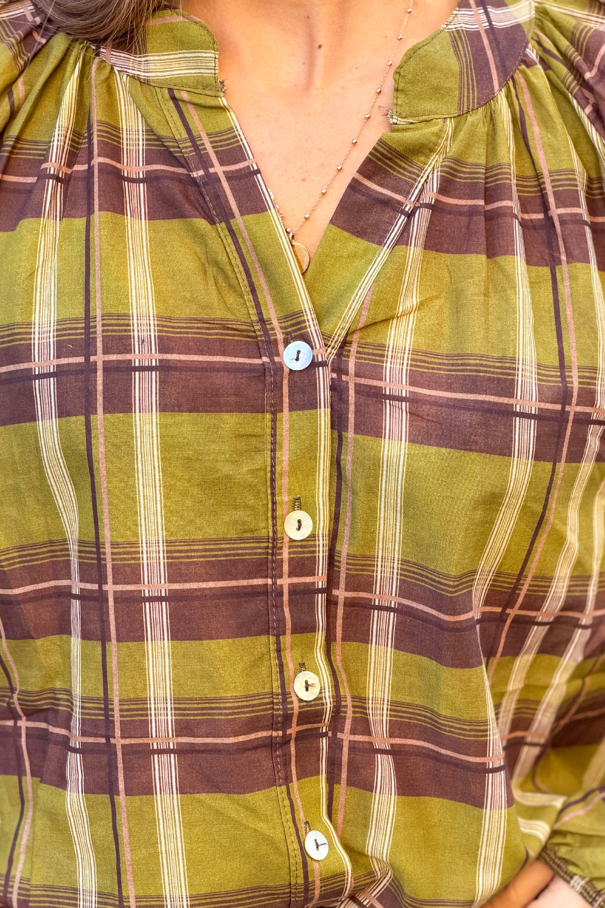 Moss Green Shirred Plaid Button-Down Blouse