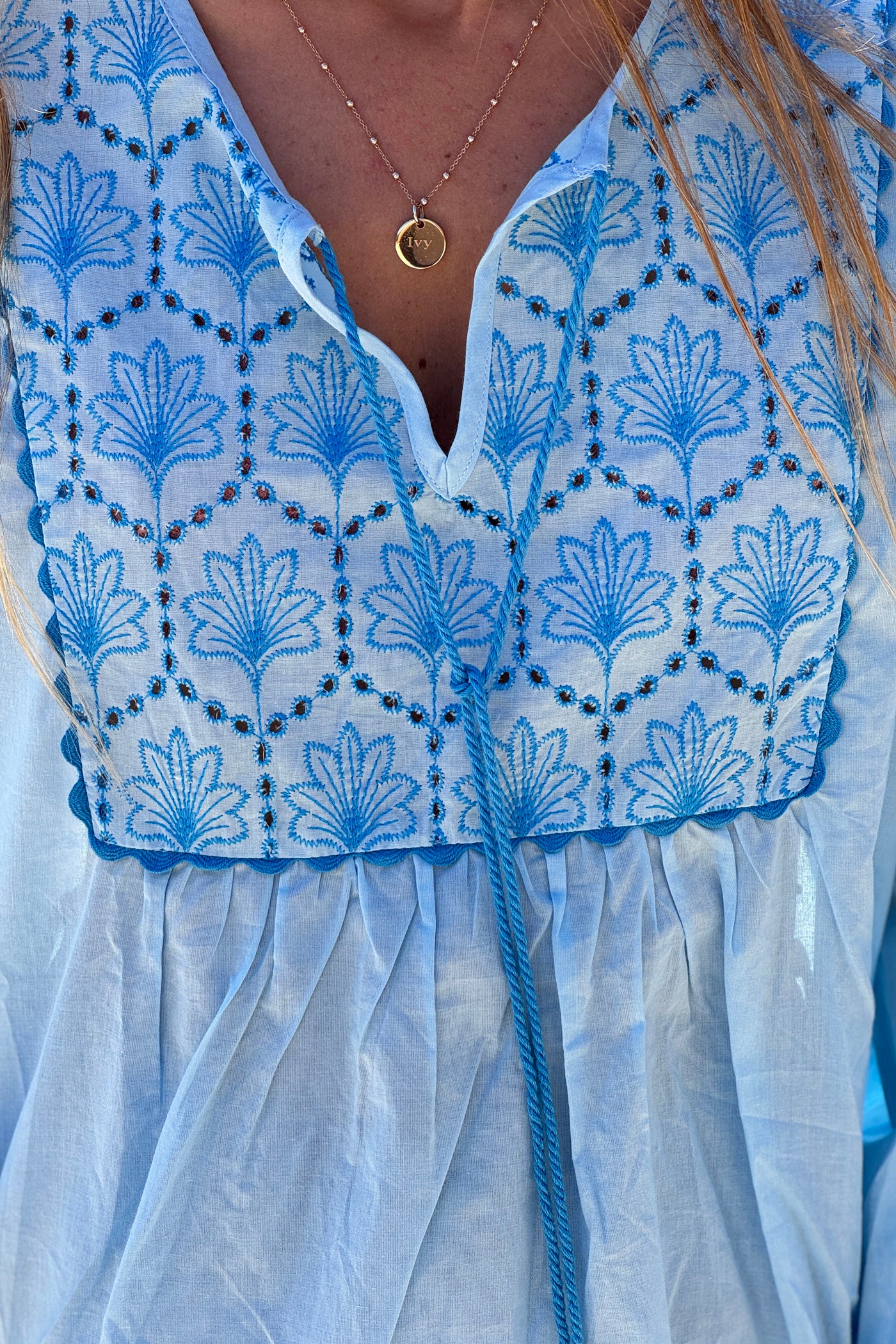 Blue Embroidered Peasant Top