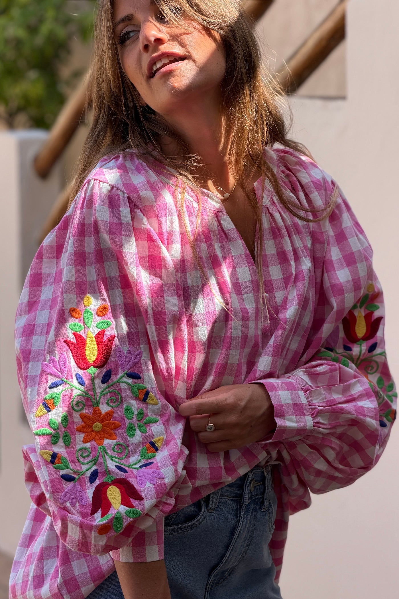 Pink Gingham Spring Flowers Embroidered Blouse