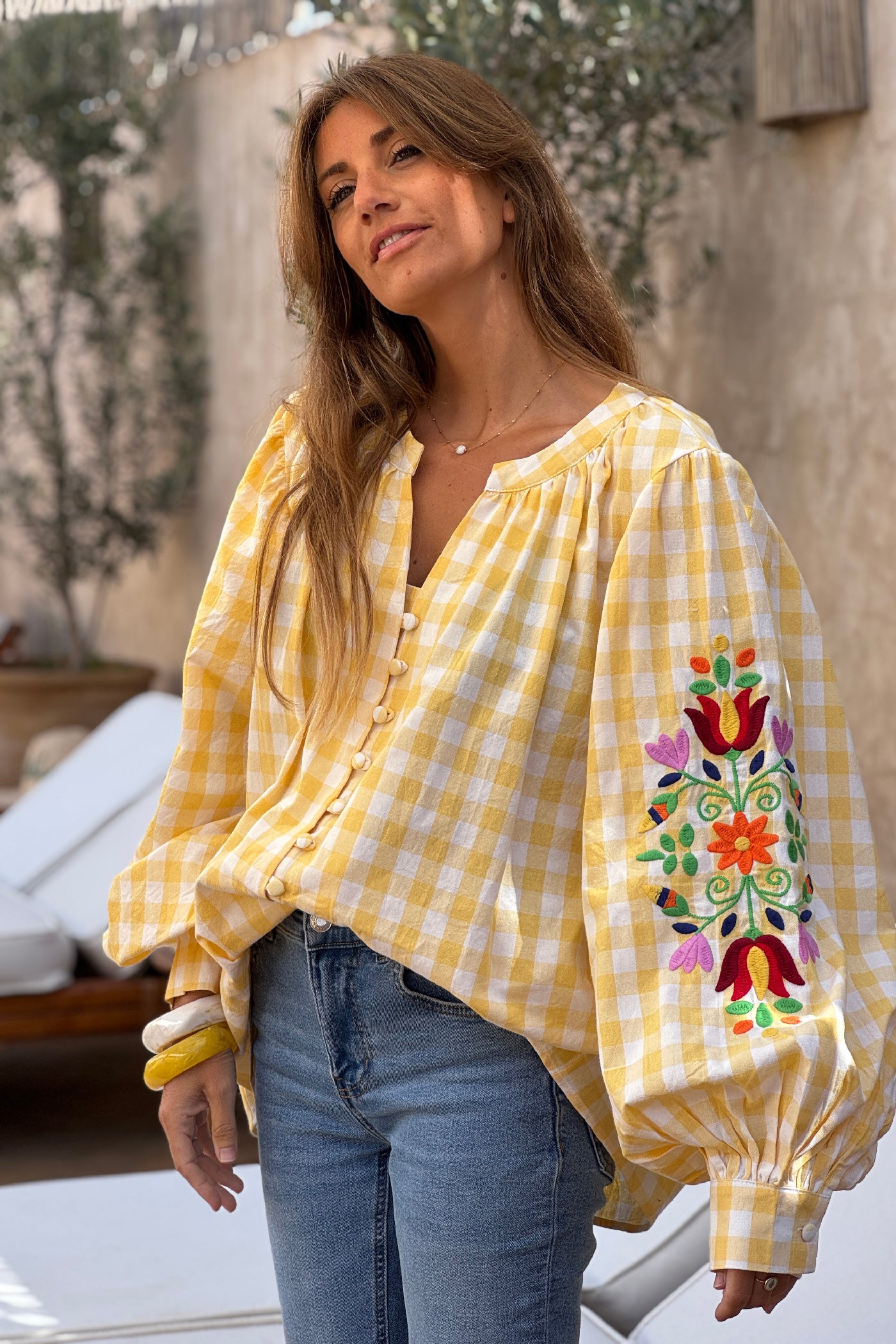 Yellow Gingham Spring Flowers Embroidered Blouse