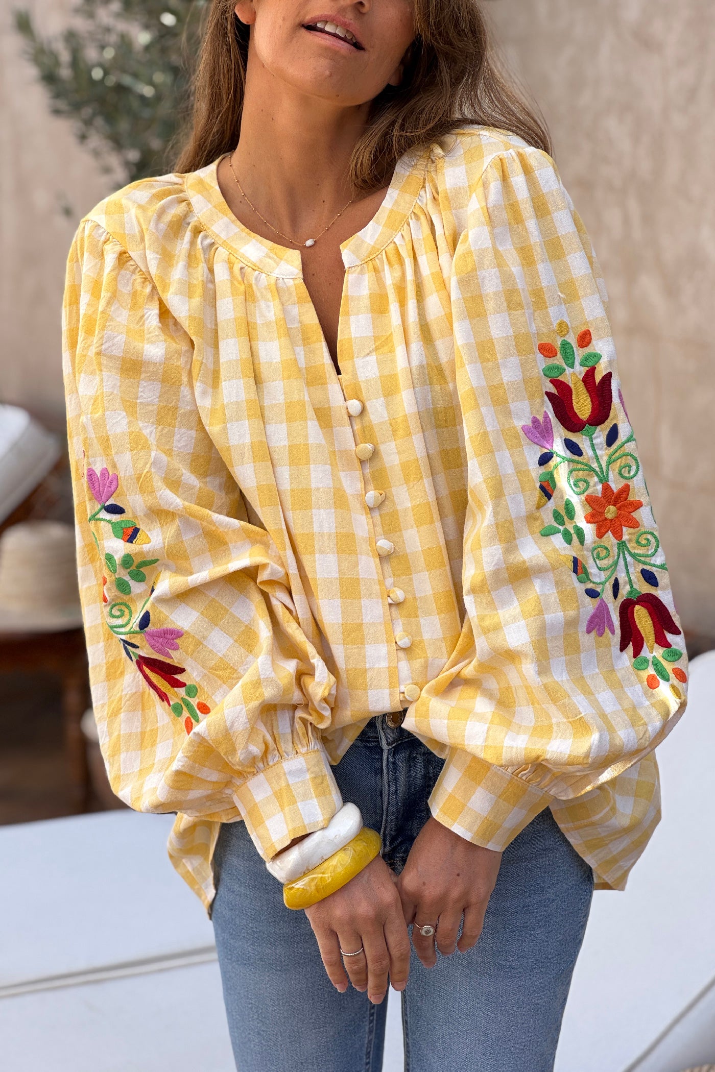 Yellow Gingham Spring Flowers Embroidered Blouse