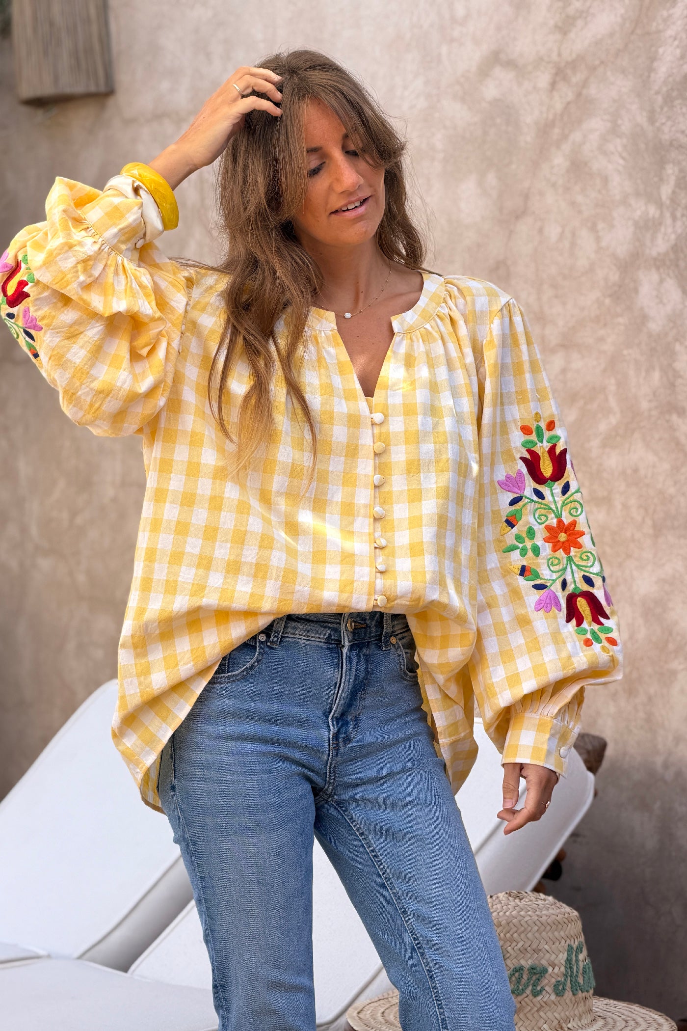 Yellow Gingham Spring Flowers Embroidered Blouse