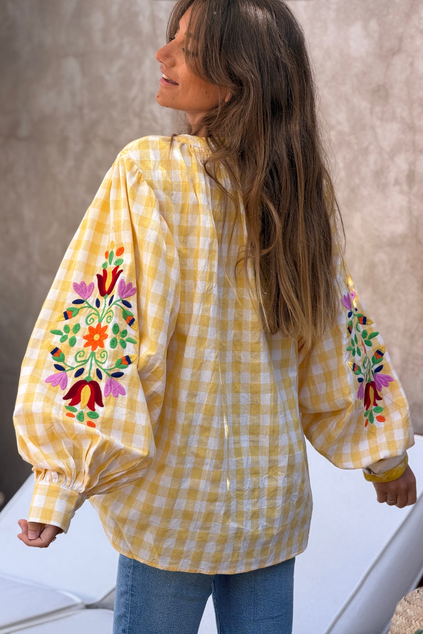 Yellow Gingham Spring Flowers Embroidered Blouse