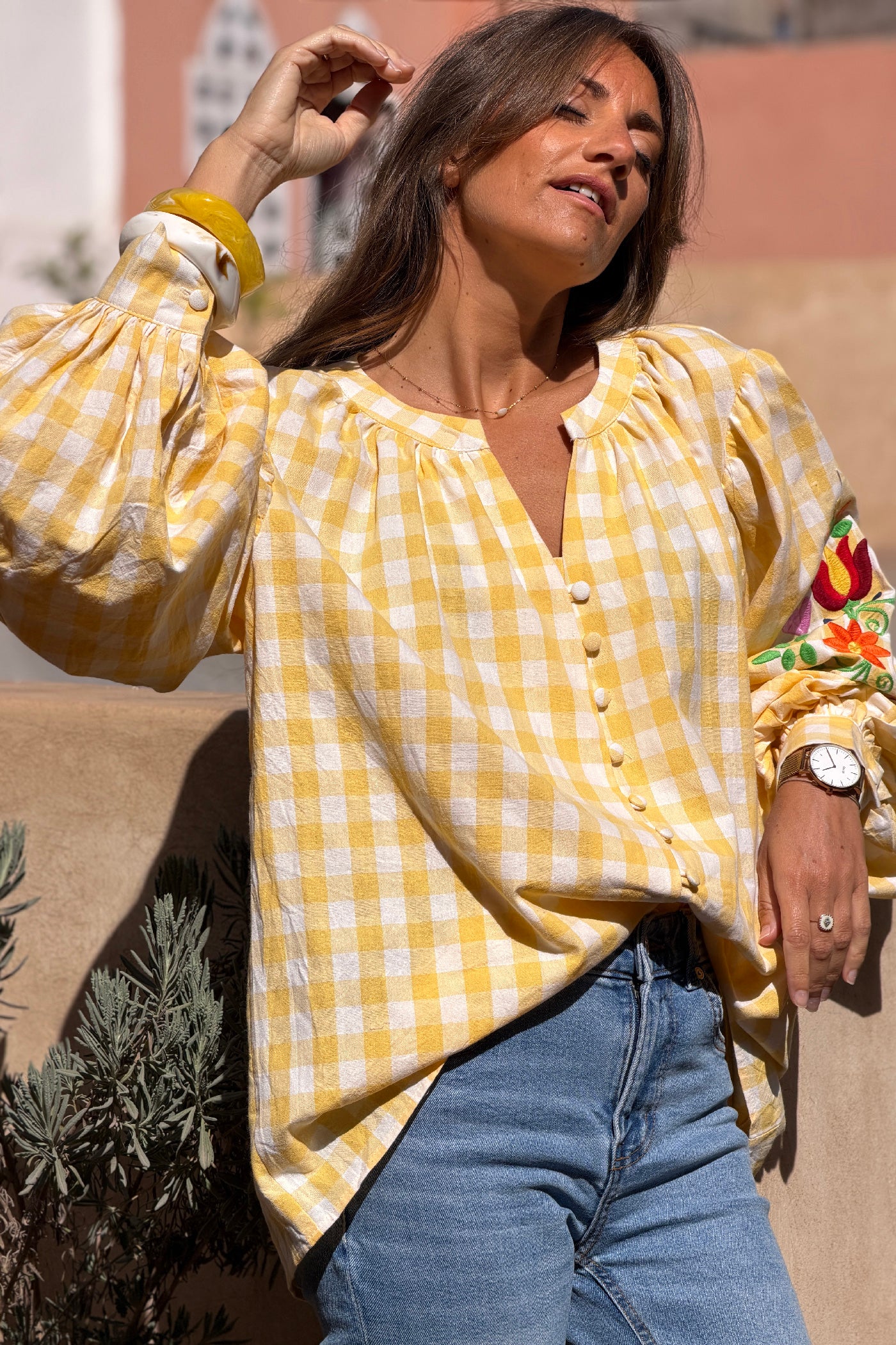 Yellow Gingham Spring Flowers Embroidered Blouse
