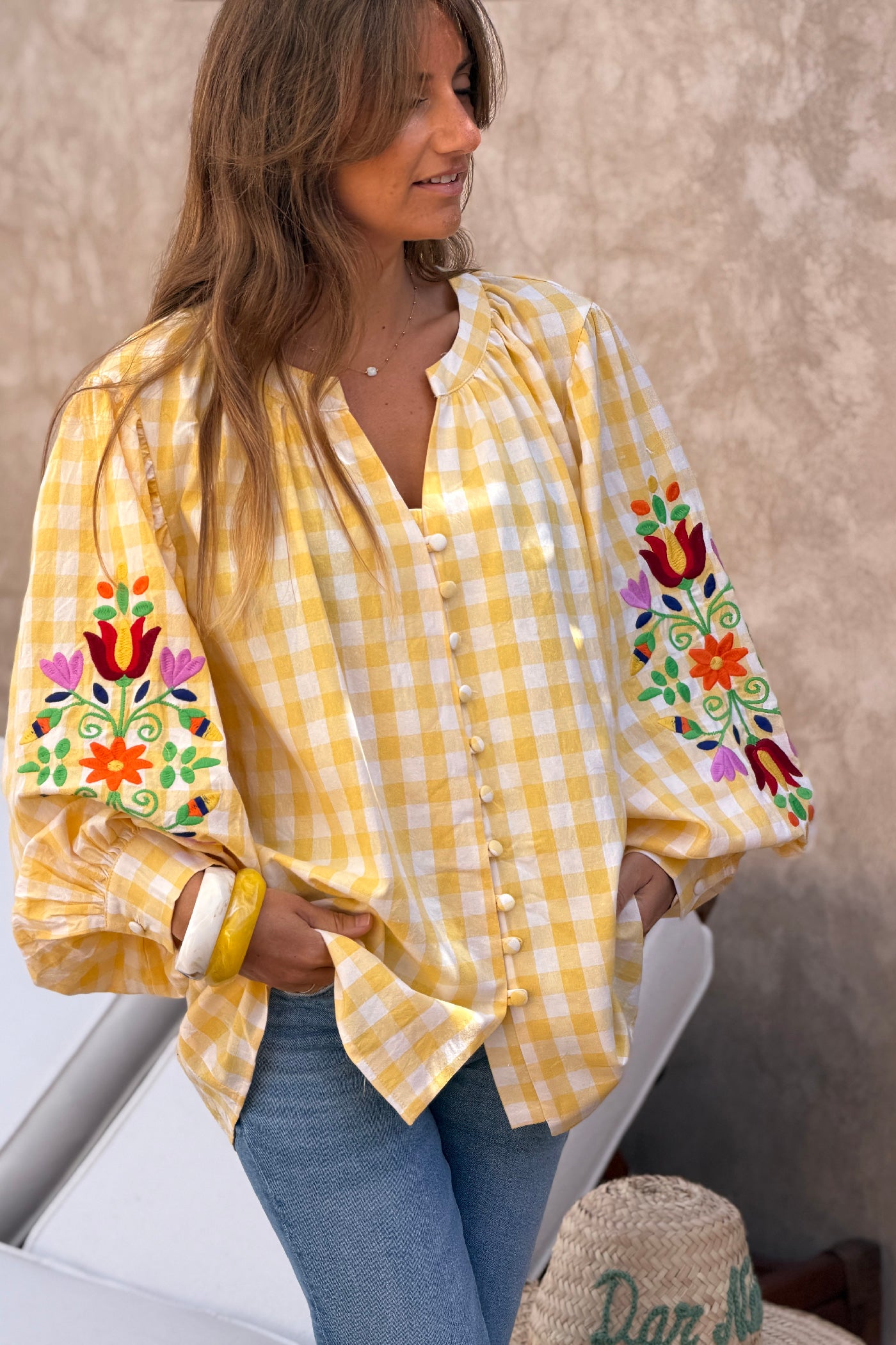 Yellow Gingham Spring Flowers Embroidered Blouse