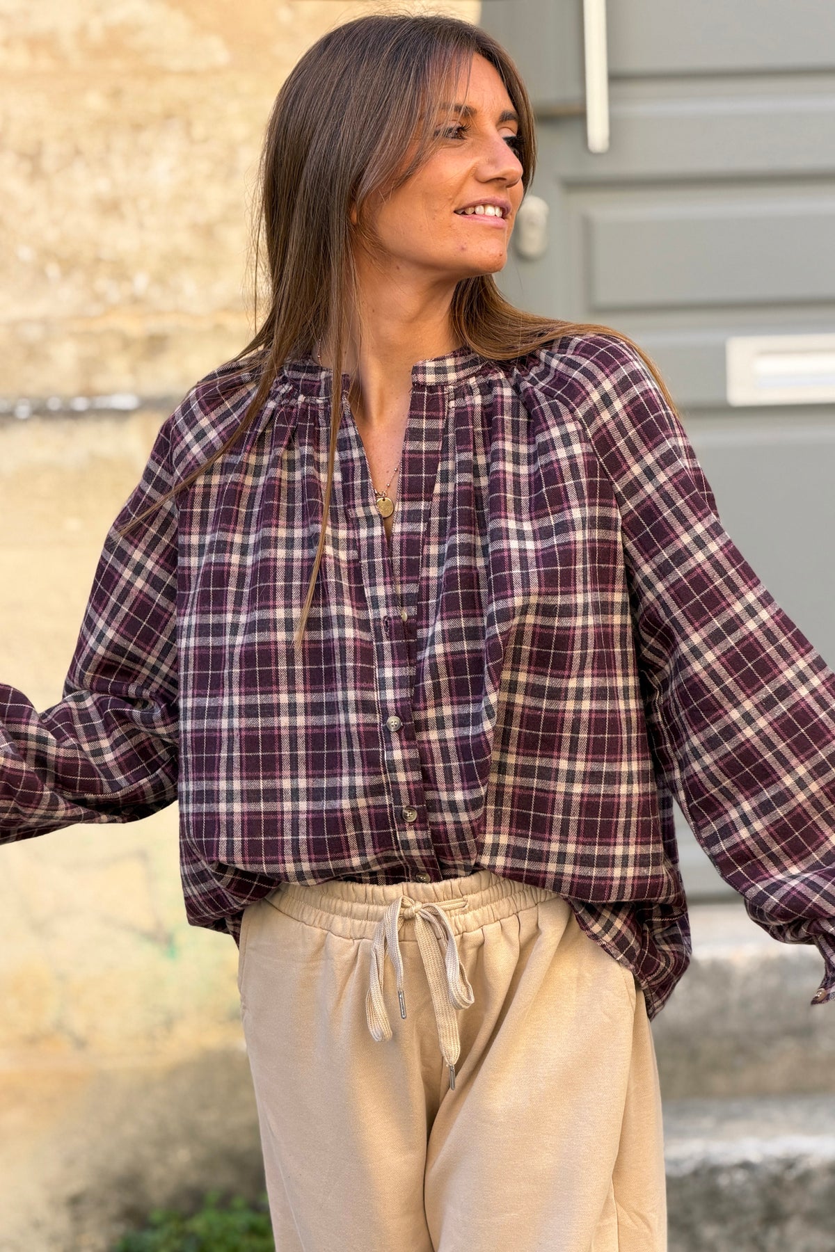 Aubergine Plaid Cotton Flannel Blouse