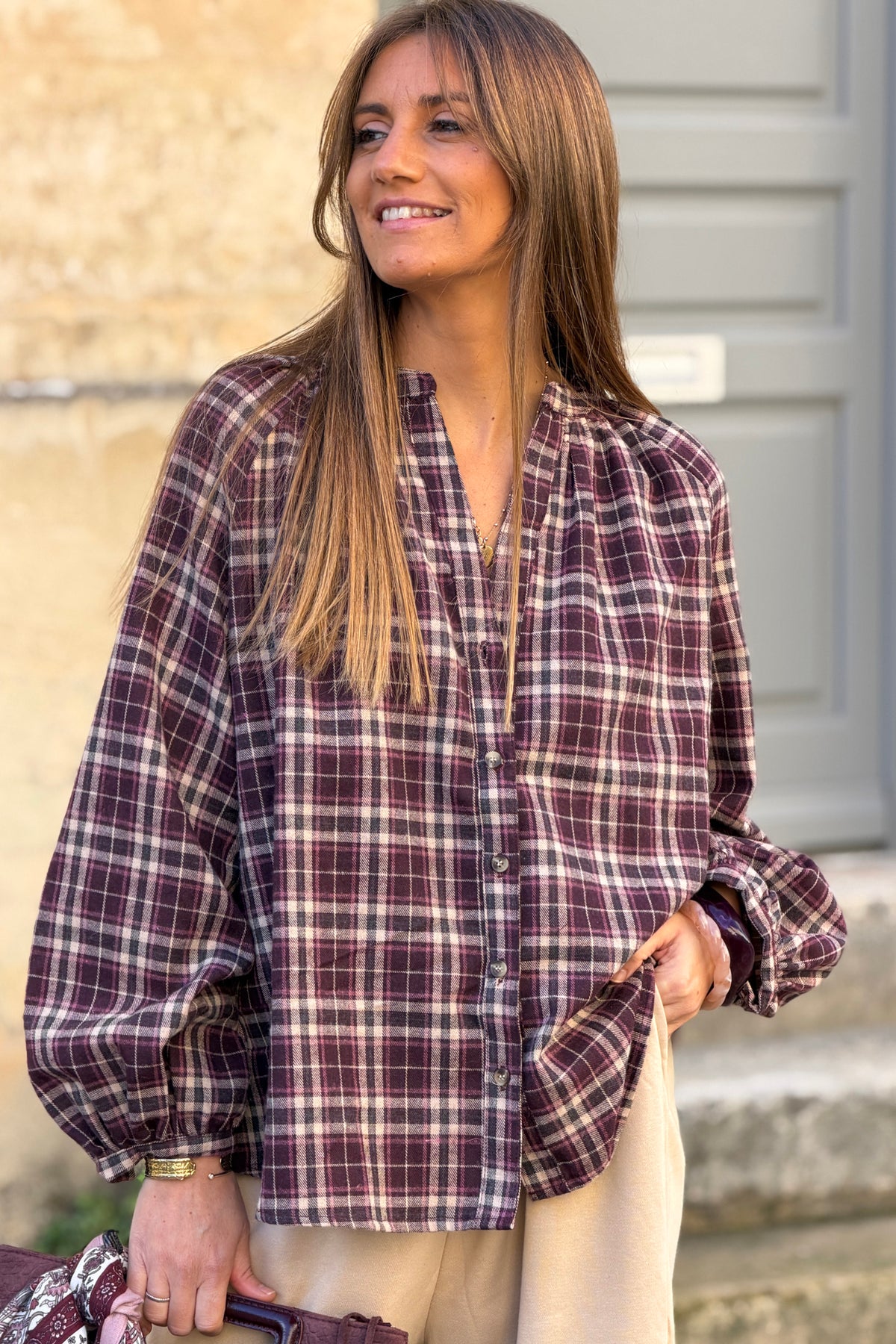 Aubergine Plaid Cotton Flannel Blouse