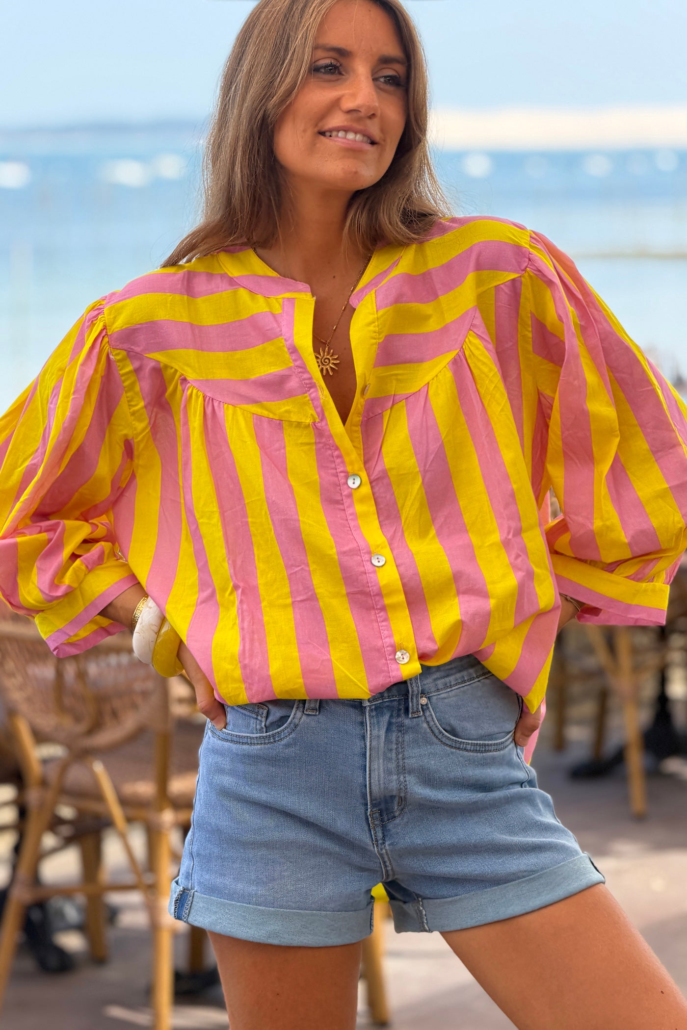 Yellow Striped Yoke Front Blouson Top

