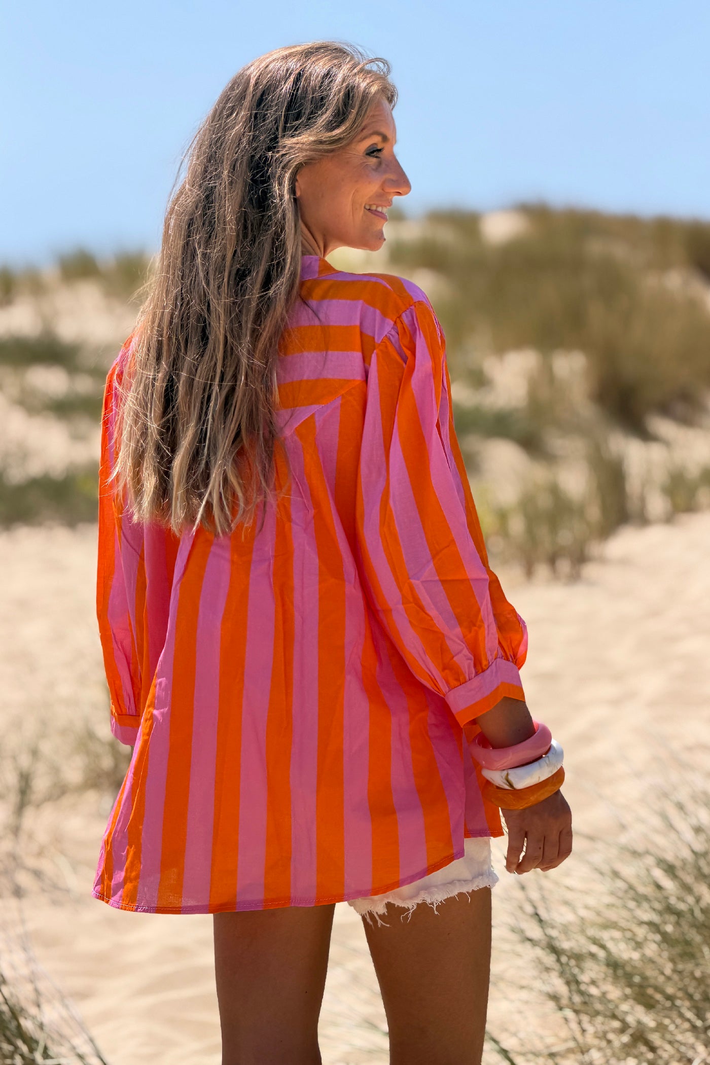 Orange Striped Yoke Front Blouson Top