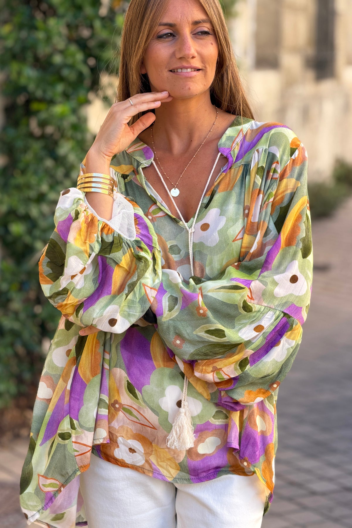 Olive Floral Art Blouson Top