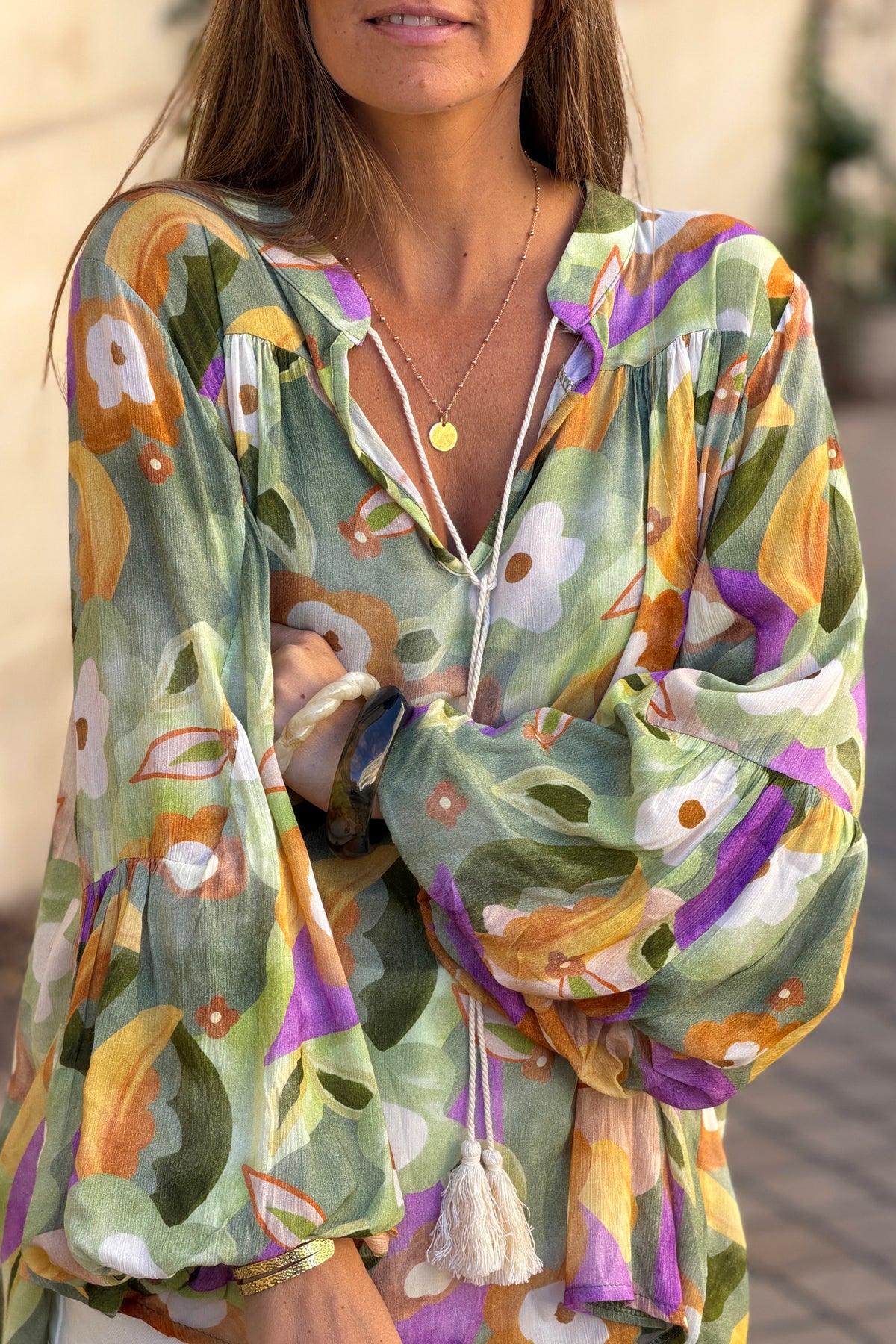 Olive Floral Art Blouson Top