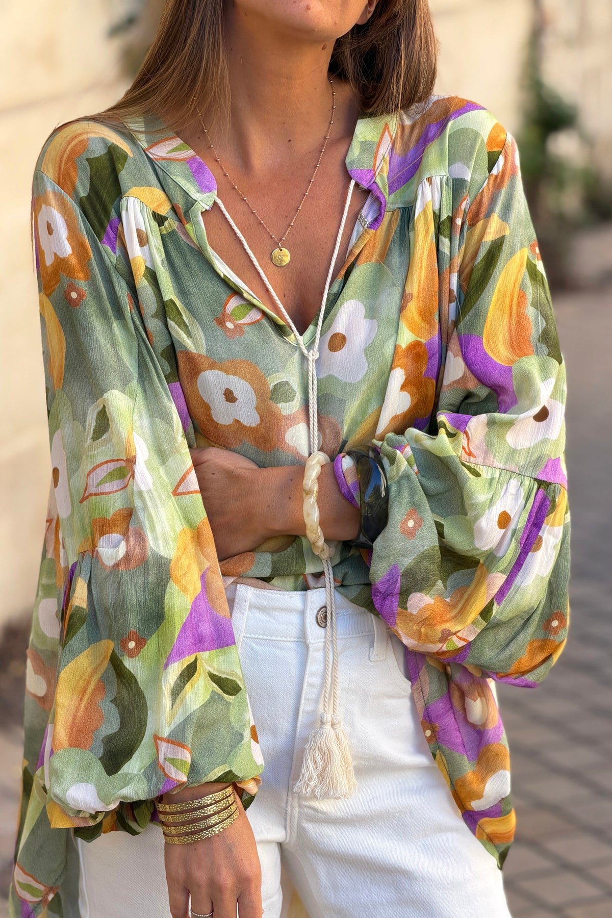 Olive Floral Art Blouson Top