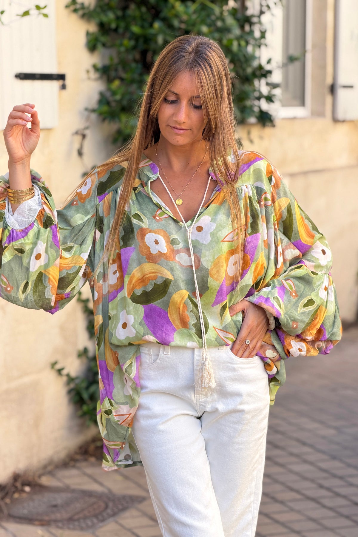Olive Floral Art Blouson Top