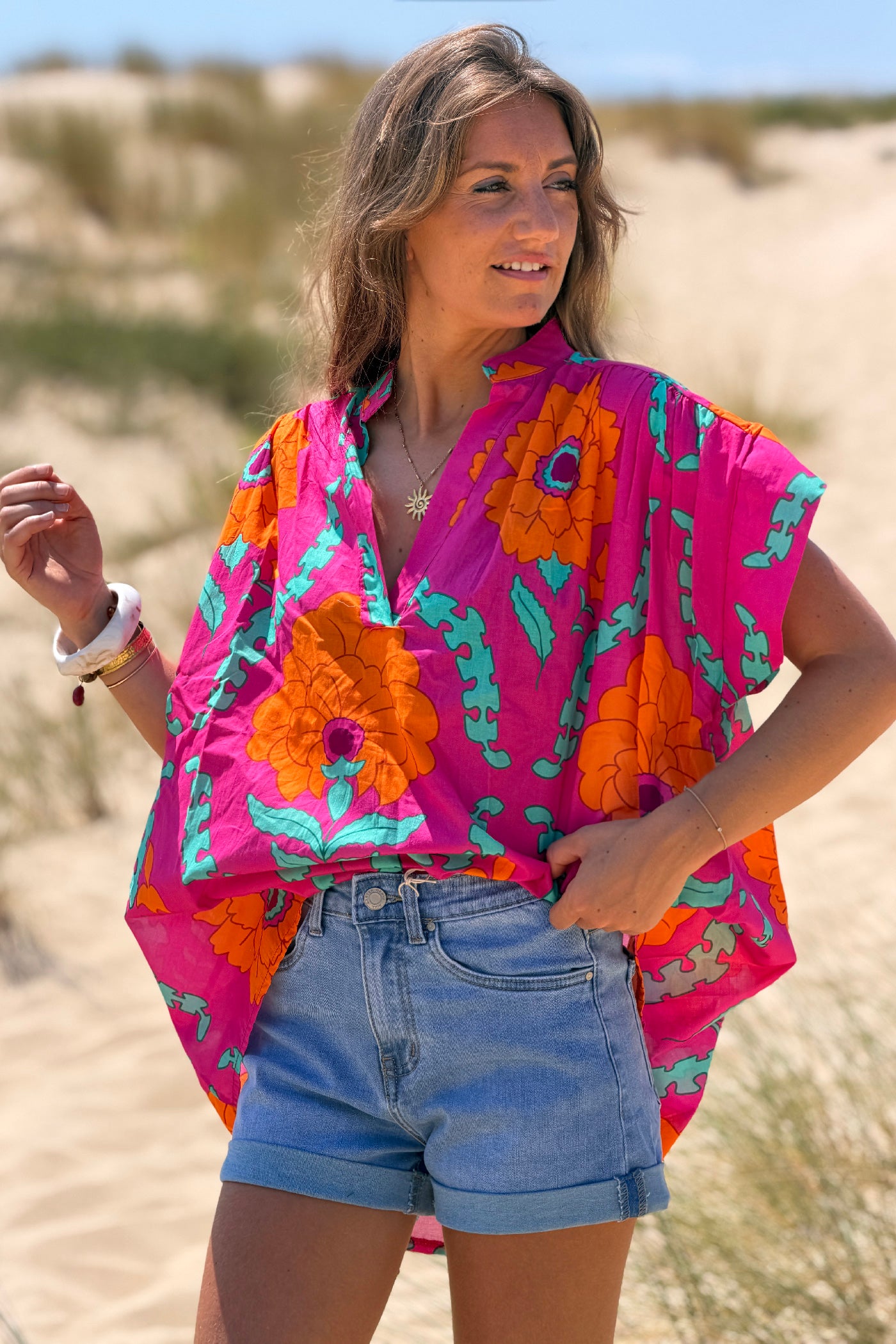 Hot Pink Tropical Floral Dolman Blouse