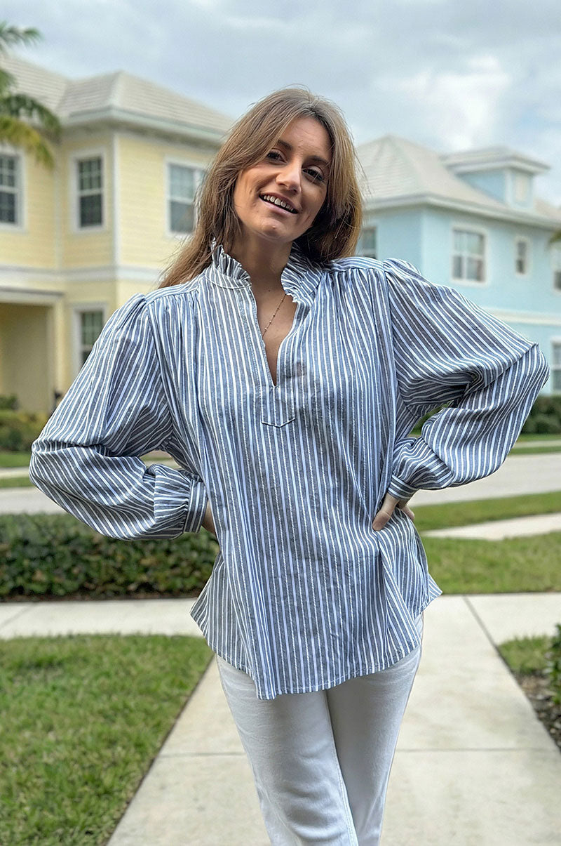 Olive Cotton Poplin Pinstripe Blouse