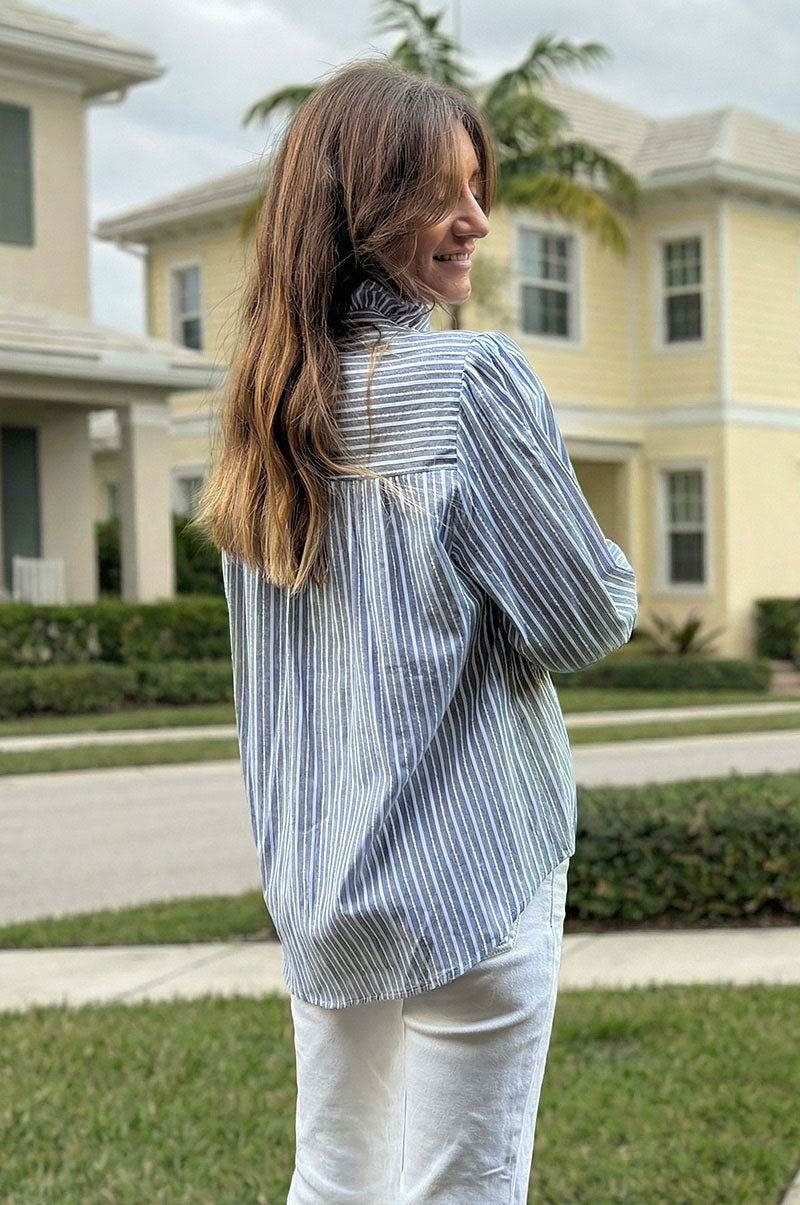 Olive Cotton Poplin Pinstripe Blouse