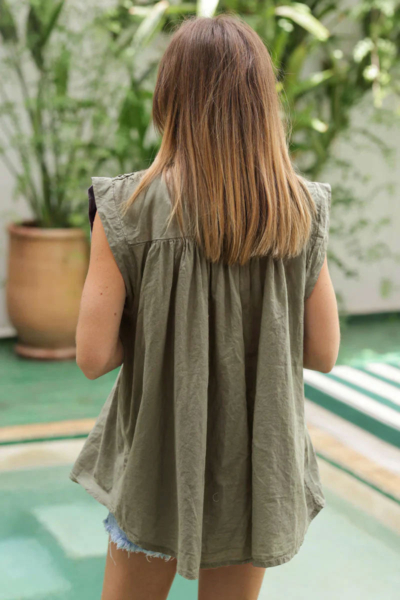 Khaki floaty cotton sleeveless blouse with mother of pearl buttons