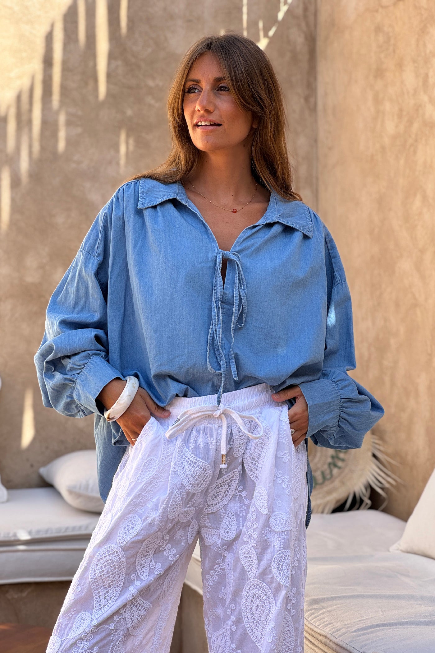 Chambray Blouson Sleeve Peasant Blouse