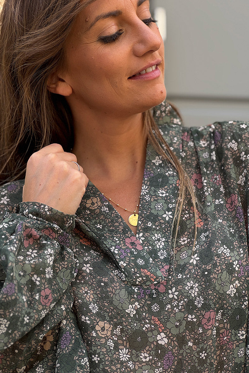 Blouse large vert foncé en coton imprimé petites fleurs col v