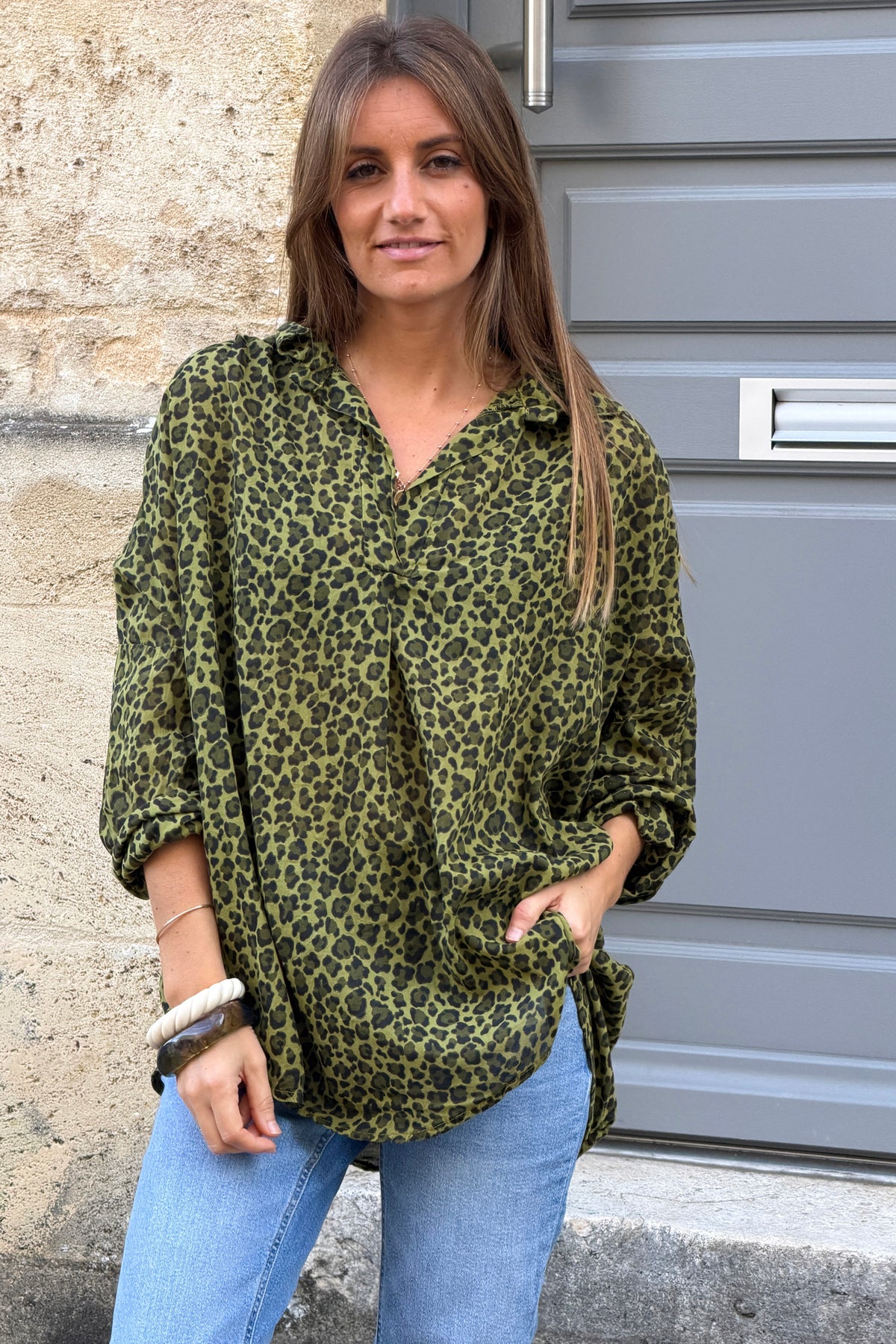 Moss Green Leopard Print Split Neck Blouse
