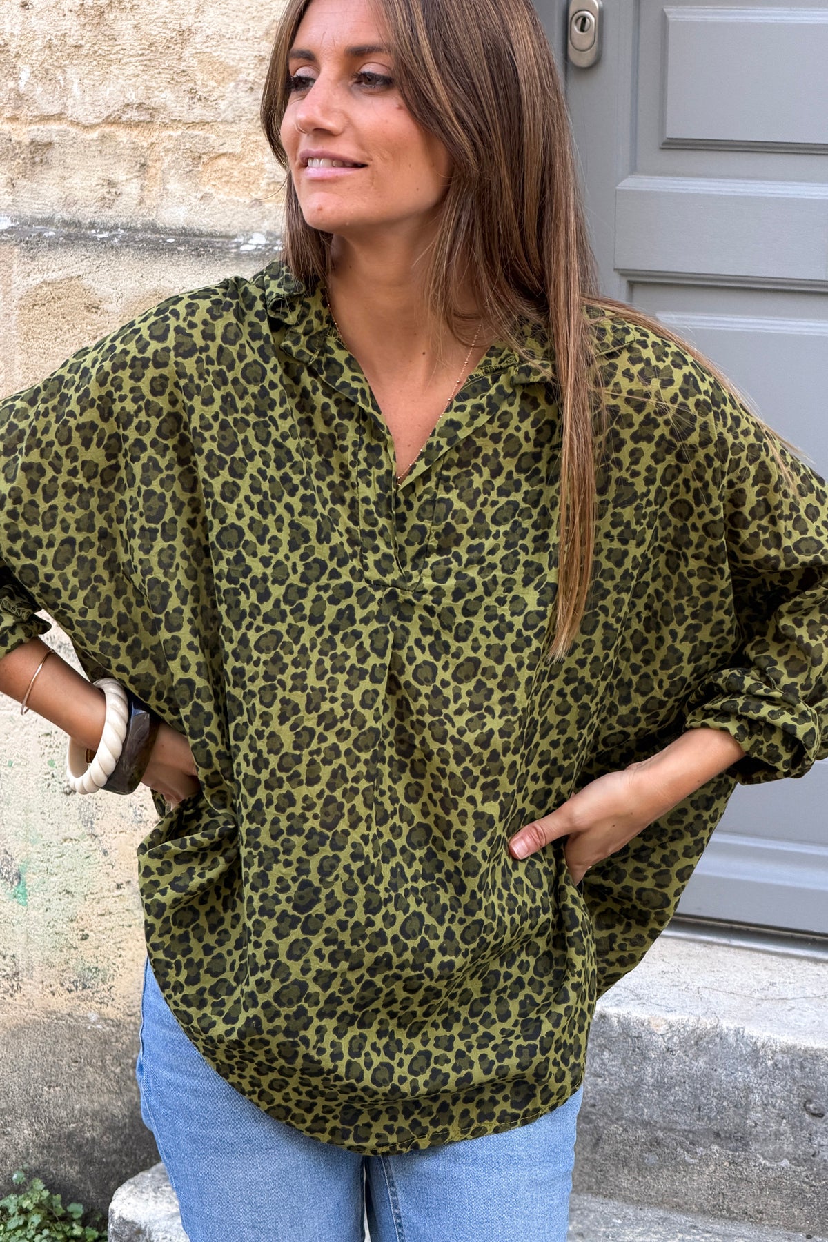 Moss Green Leopard Print Split Neck Blouse
