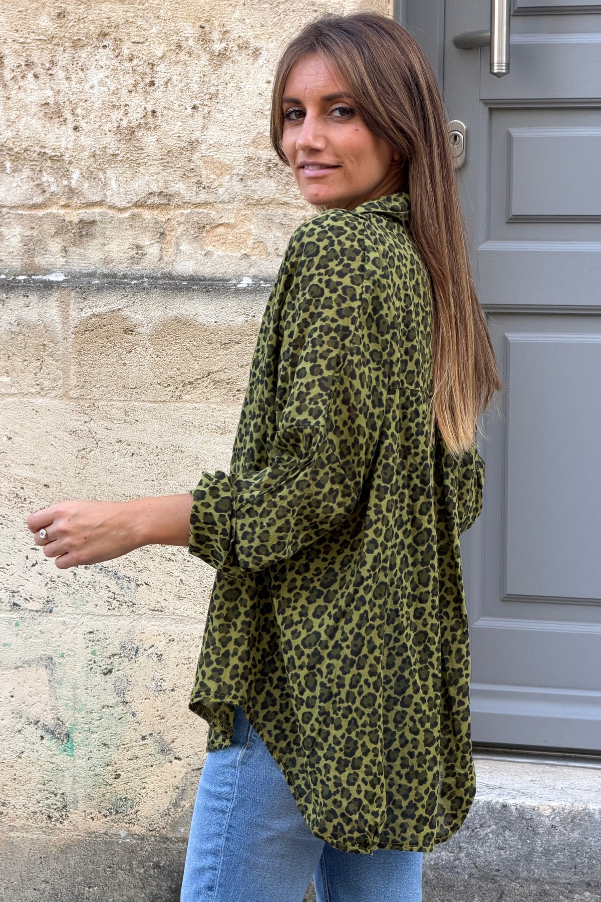 Moss Green Leopard Print Split Neck Blouse
