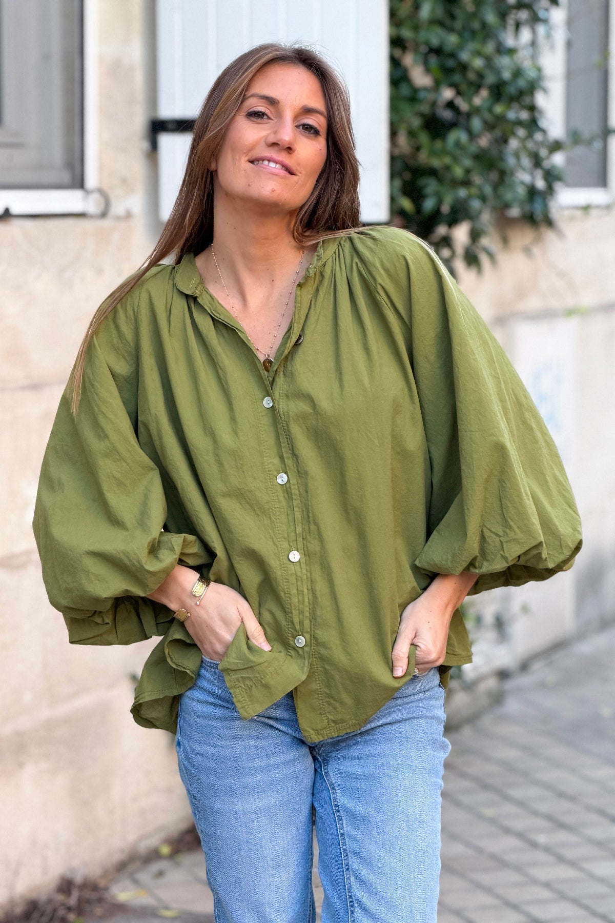 Moss Green Cotton Blouson Sleeve Blouse