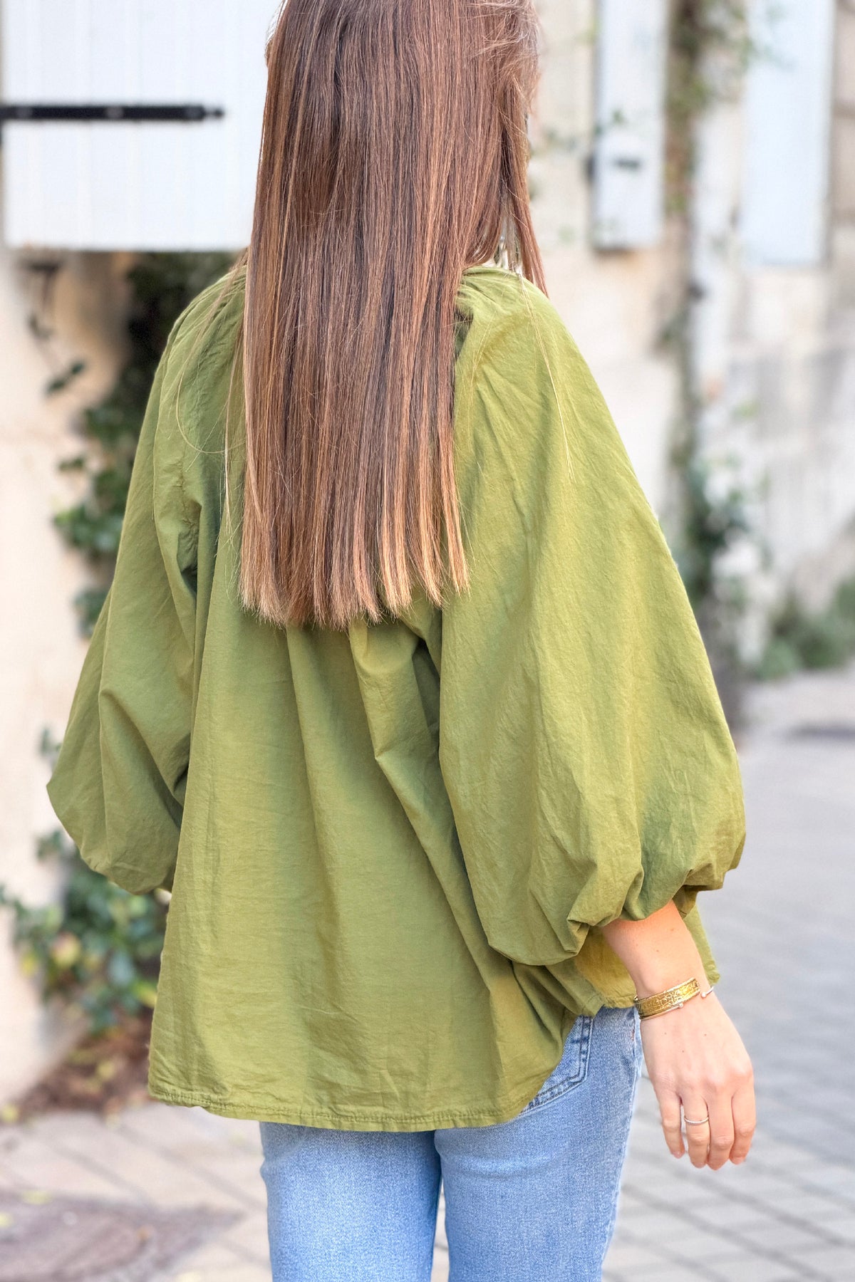 Moss Green Cotton Blouson Sleeve Blouse