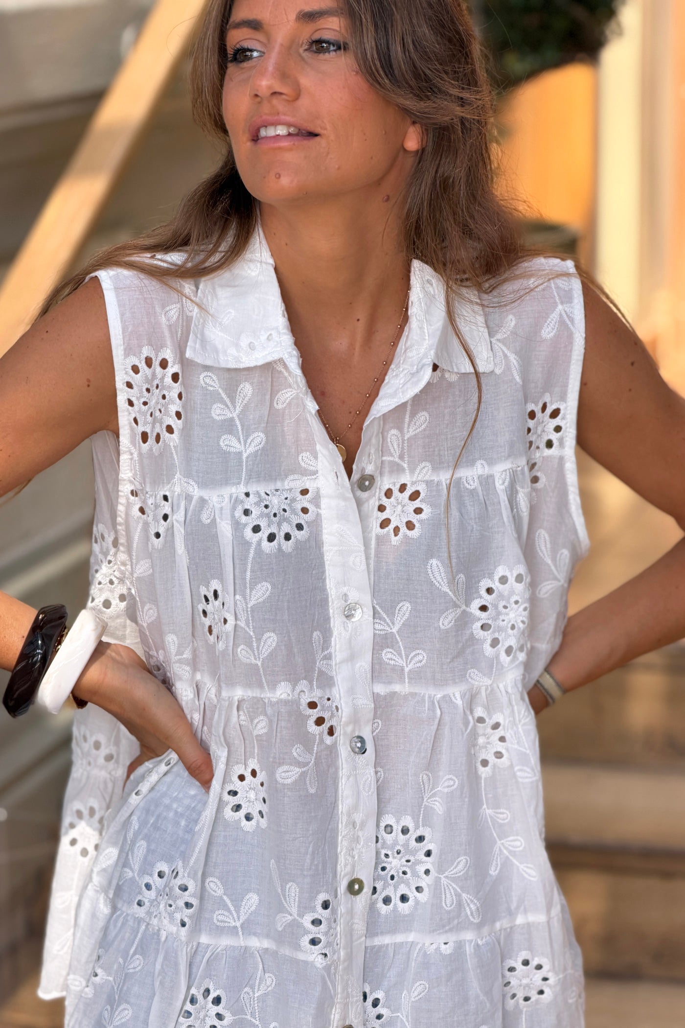 White Sleeveless Eyelet Blouse
