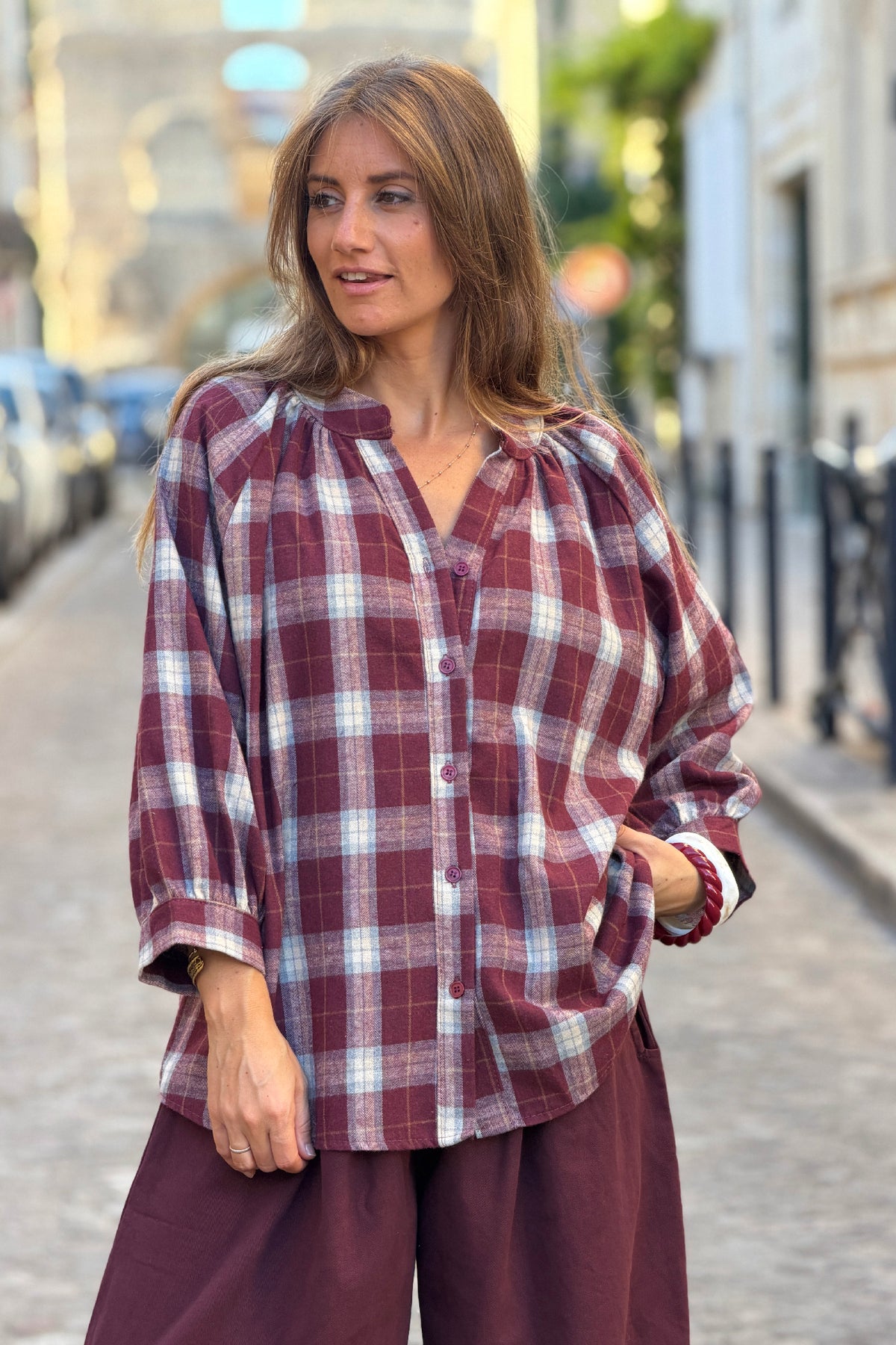 Blouse toucher flanelle doux à carreaux tartan aubergine