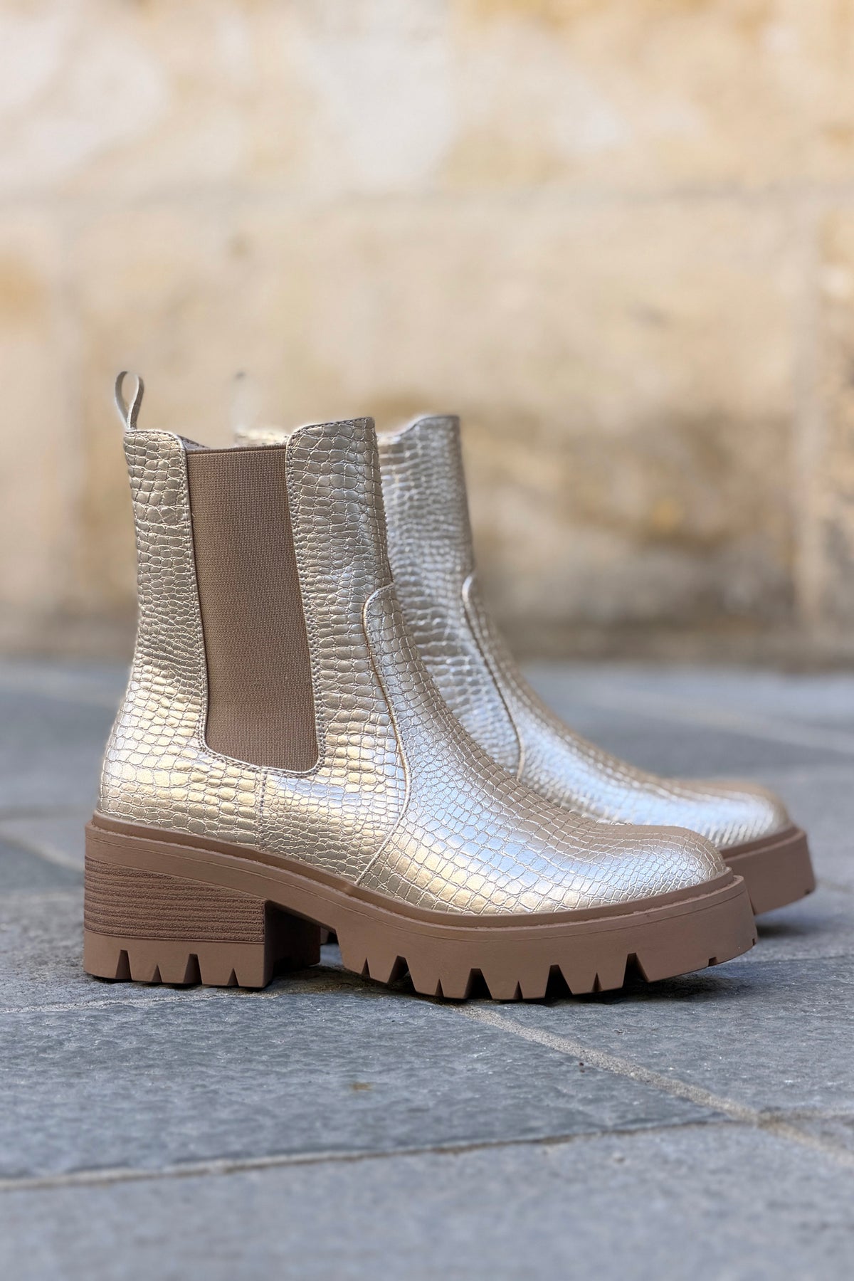 Gold Alligator Stretch Lug Sole Boots
