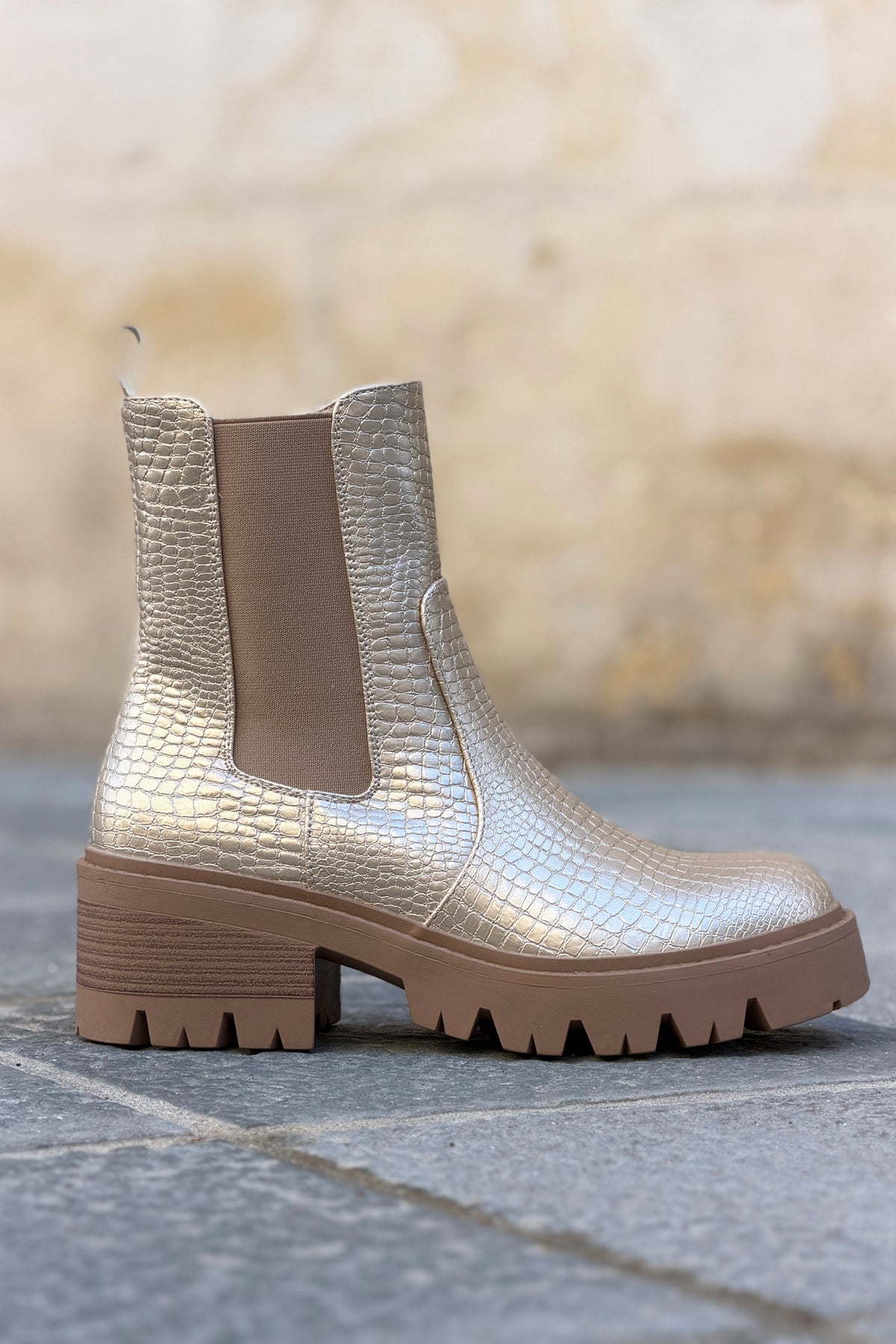 Gold Alligator Stretch Lug Sole Boots
