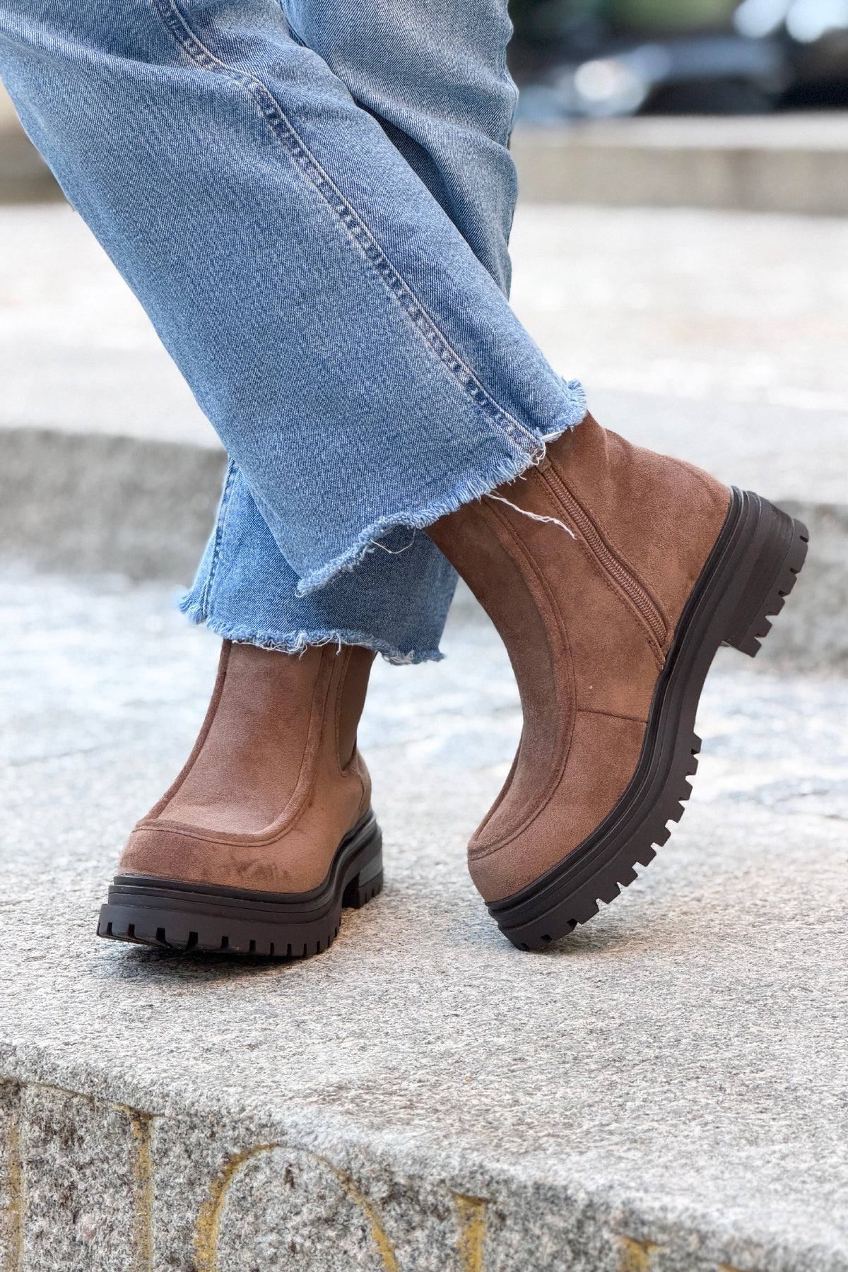 Taupe Suedette Stretch Lug Sole Boots