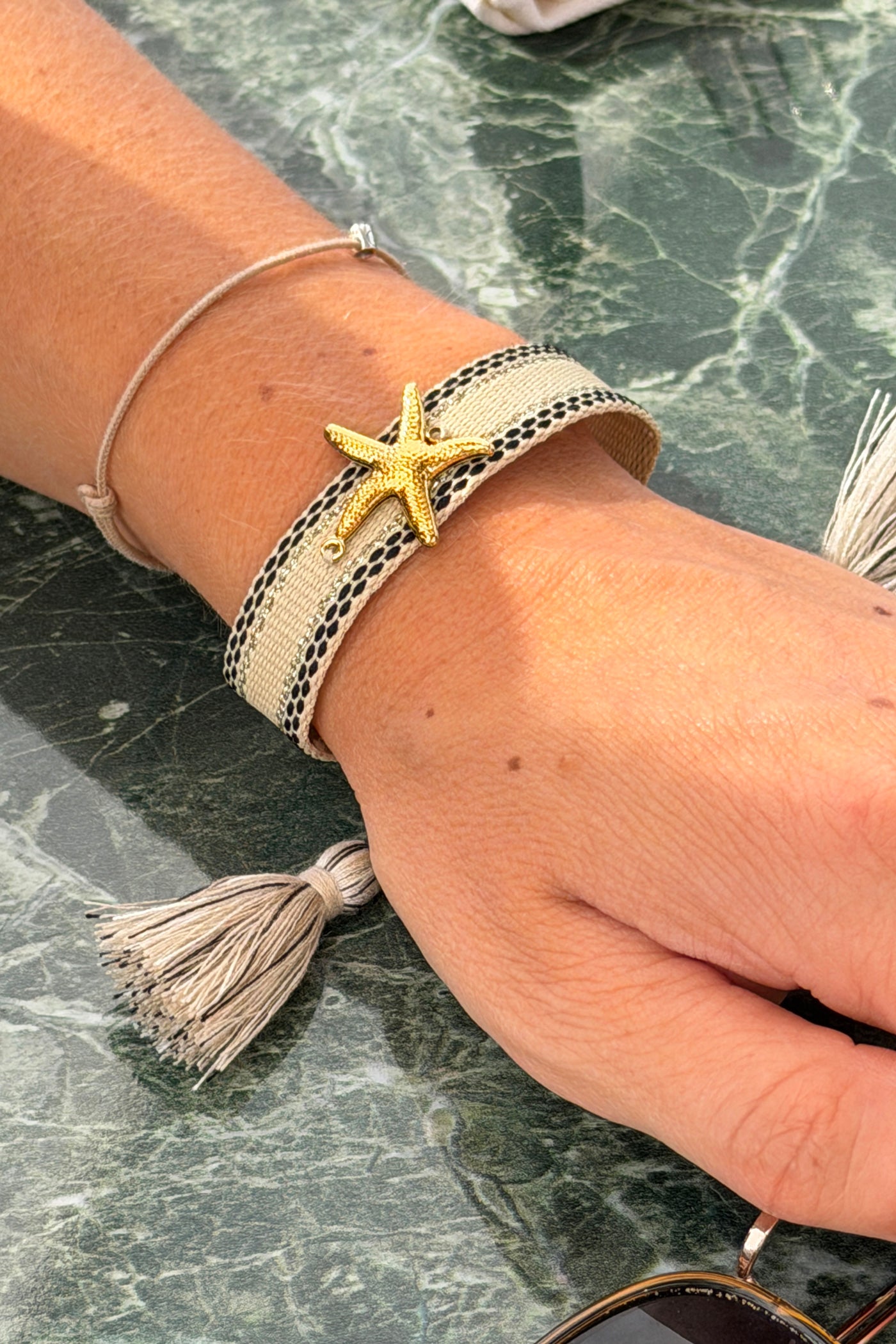 Beige Woven Beach Bracelet with Gold Starfish
