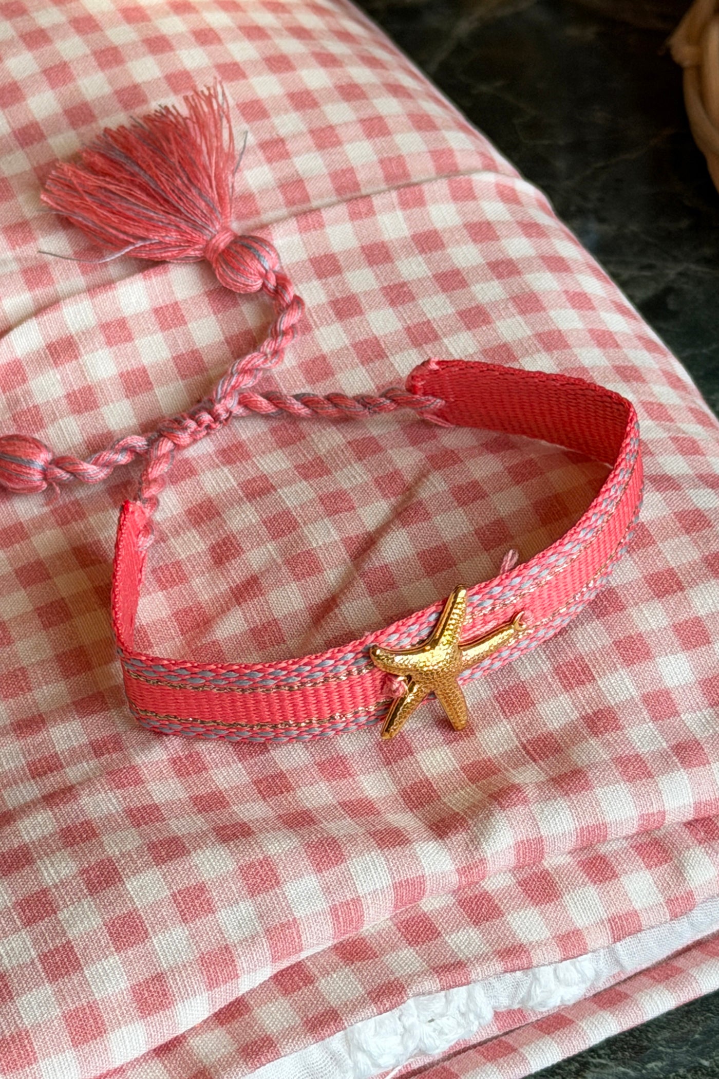 Pink Woven Beach Bracelet with Gold Starfish