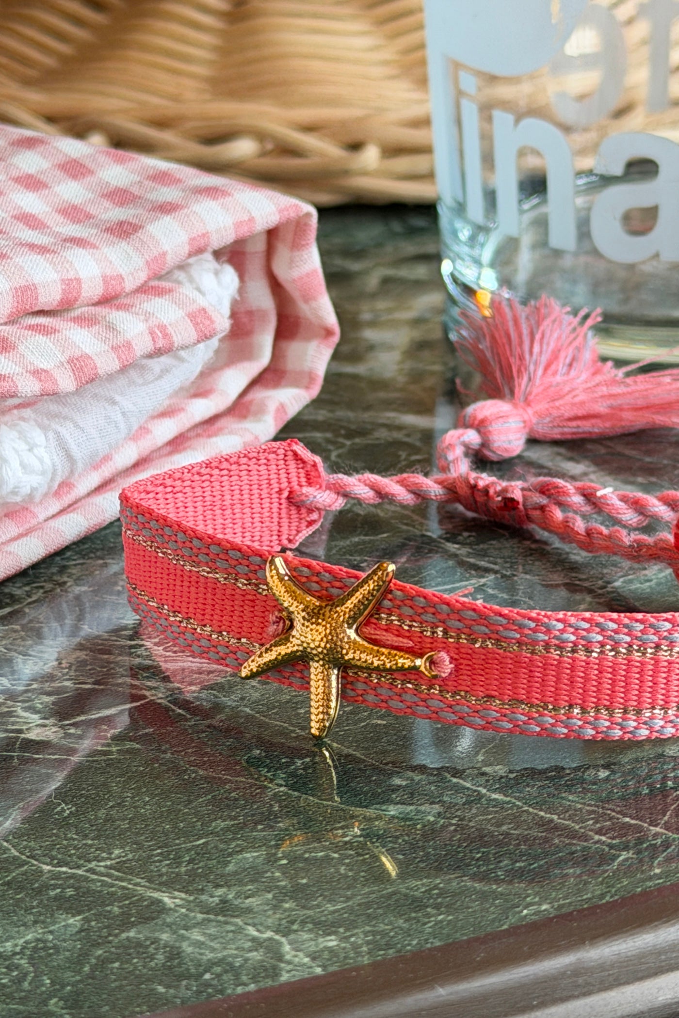 Pink Woven Beach Bracelet with Gold Starfish