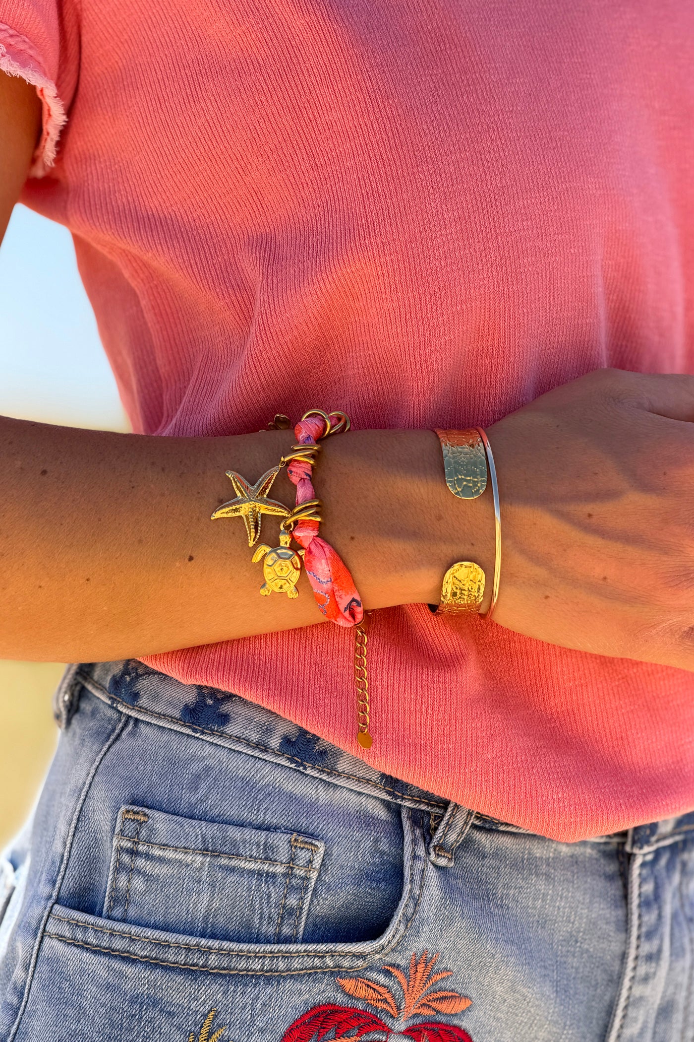 Pink Fabric Beach Charm Bracelet

