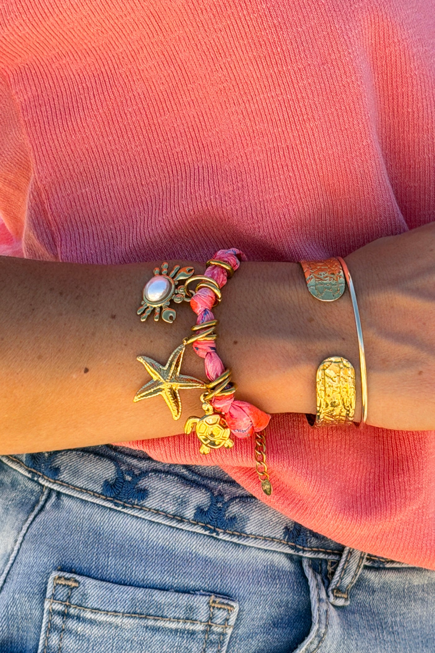 Pink Fabric Beach Charm Bracelet
