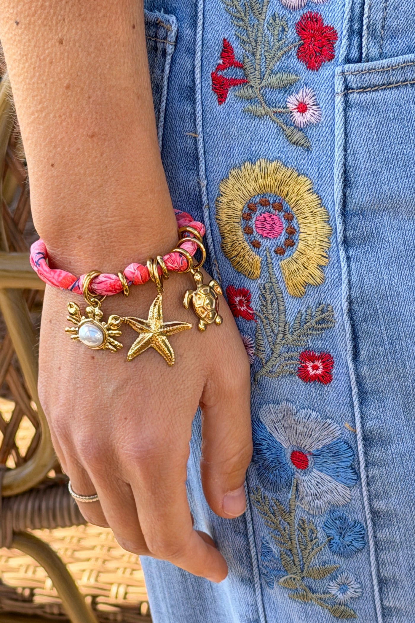 Pink Fabric Beach Charm Bracelet
