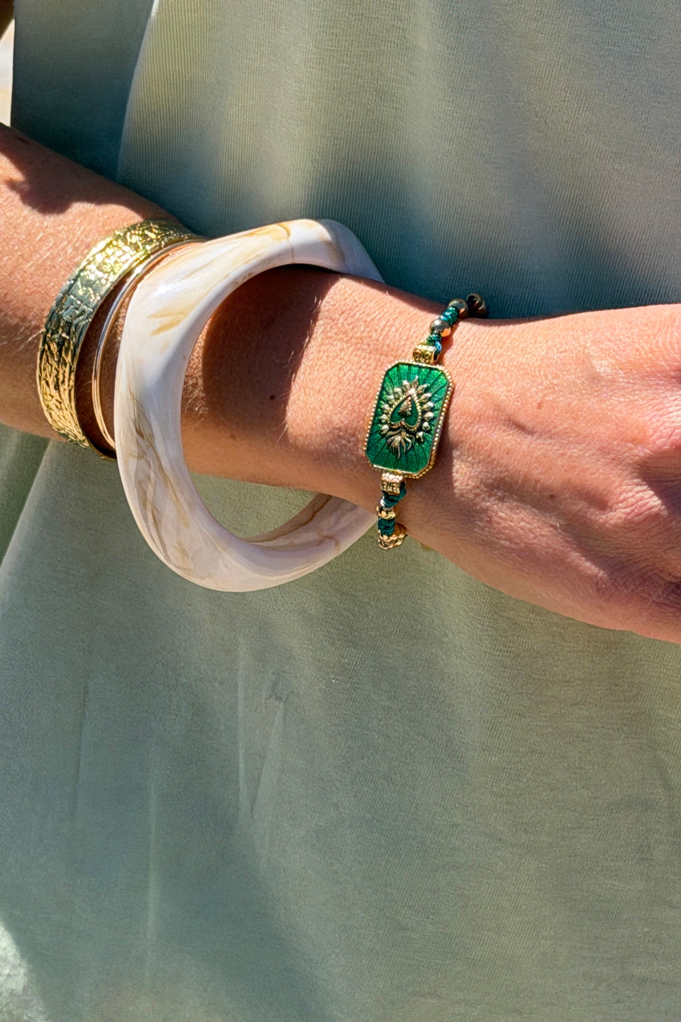 Green Enamel Plaque and Gold Bead Bracelet