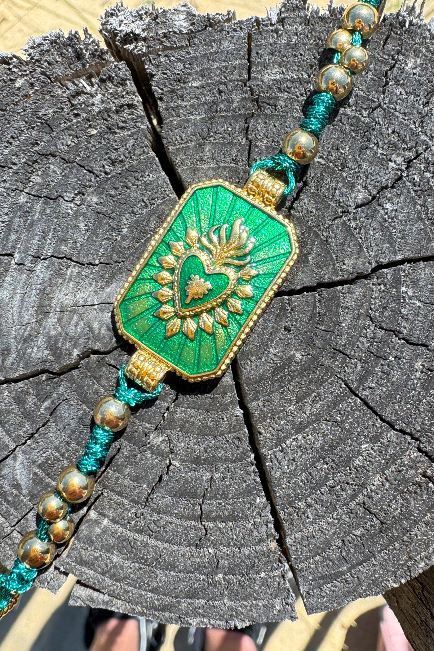 Green Enamel Plaque and Gold Bead Bracelet