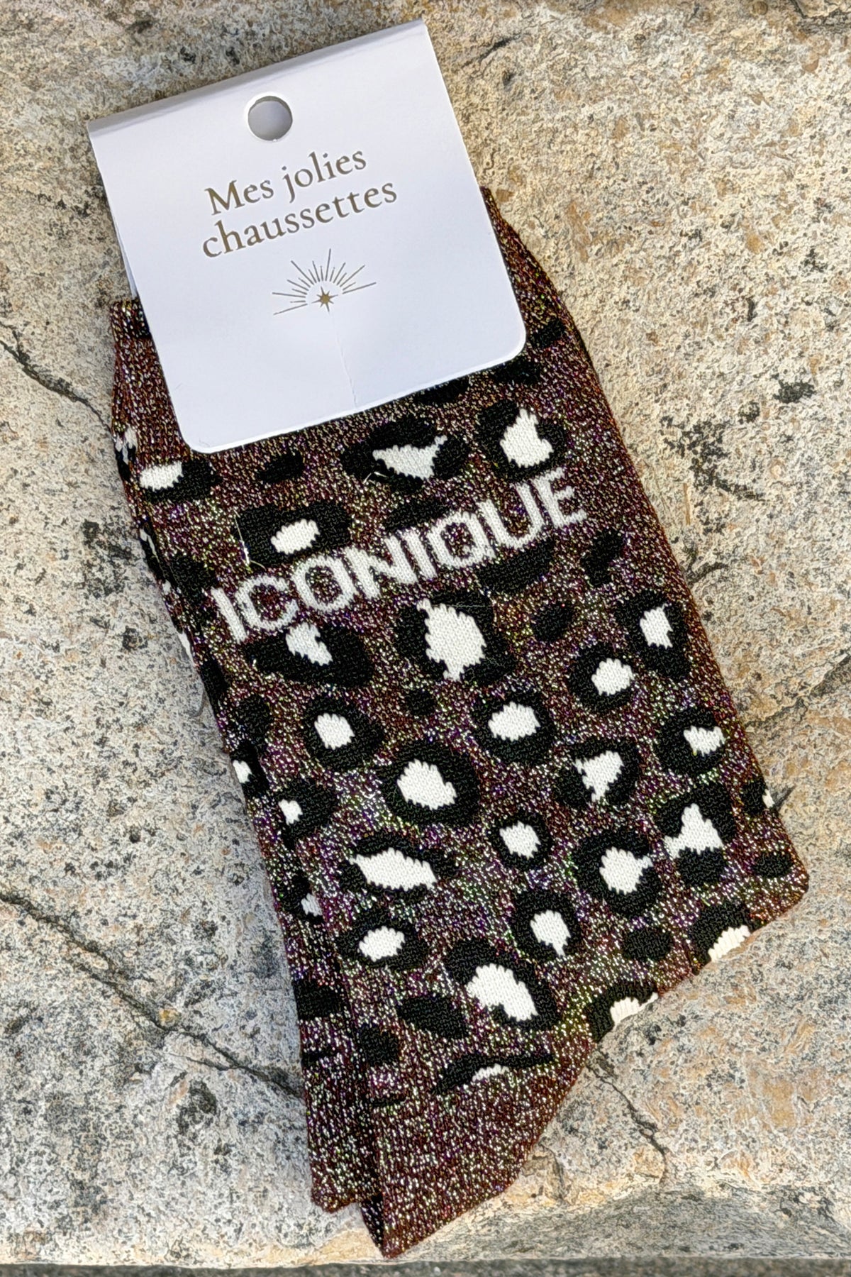 Chaussettes brillantes dorées marron motif léopard message Iconique