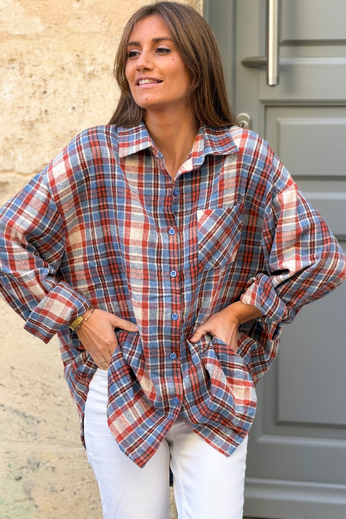 Blue Plaid Boyfriend Button-Down
