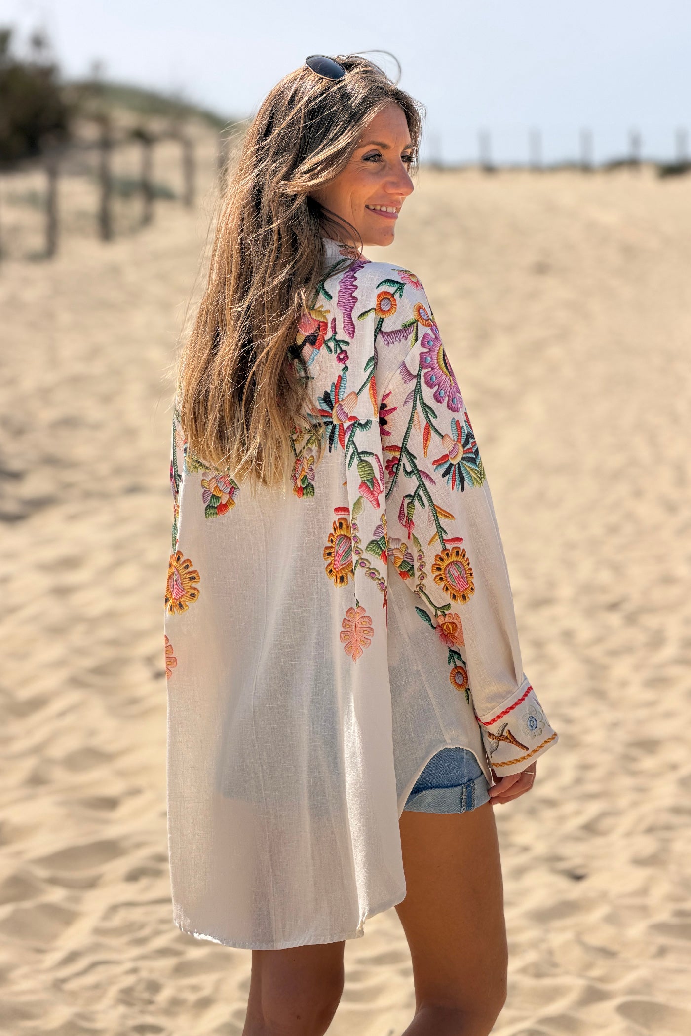 Beige Embroidered effect Folk Garden Button-Down Blouse