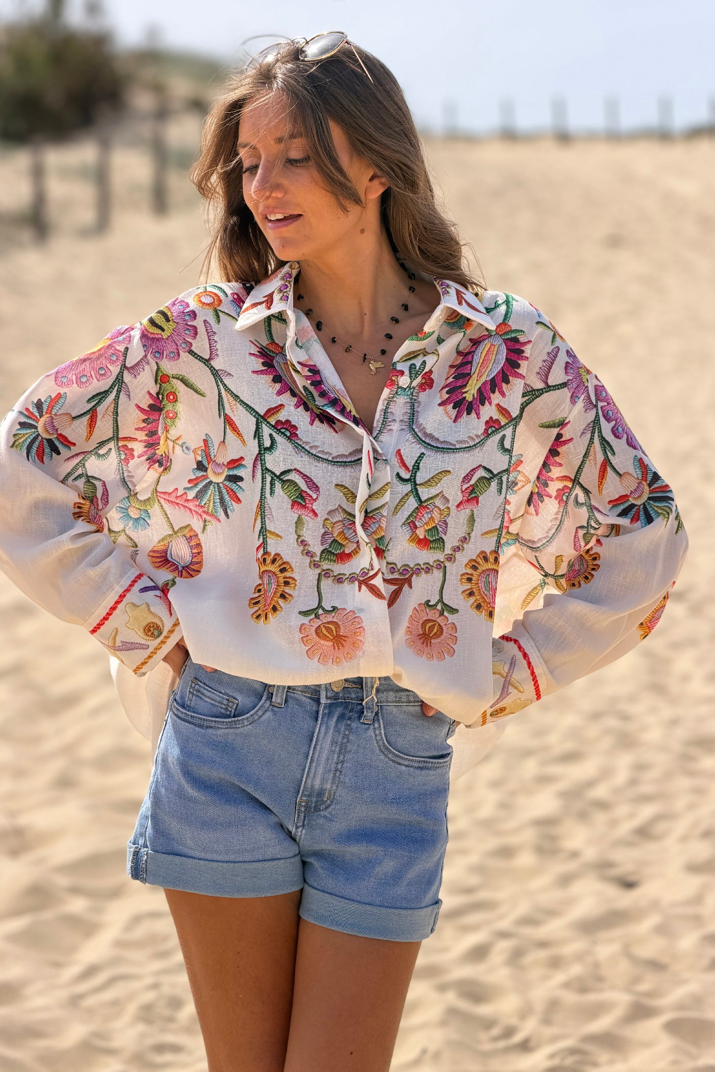 Beige Embroidered effect Folk Garden Button-Down Blouse