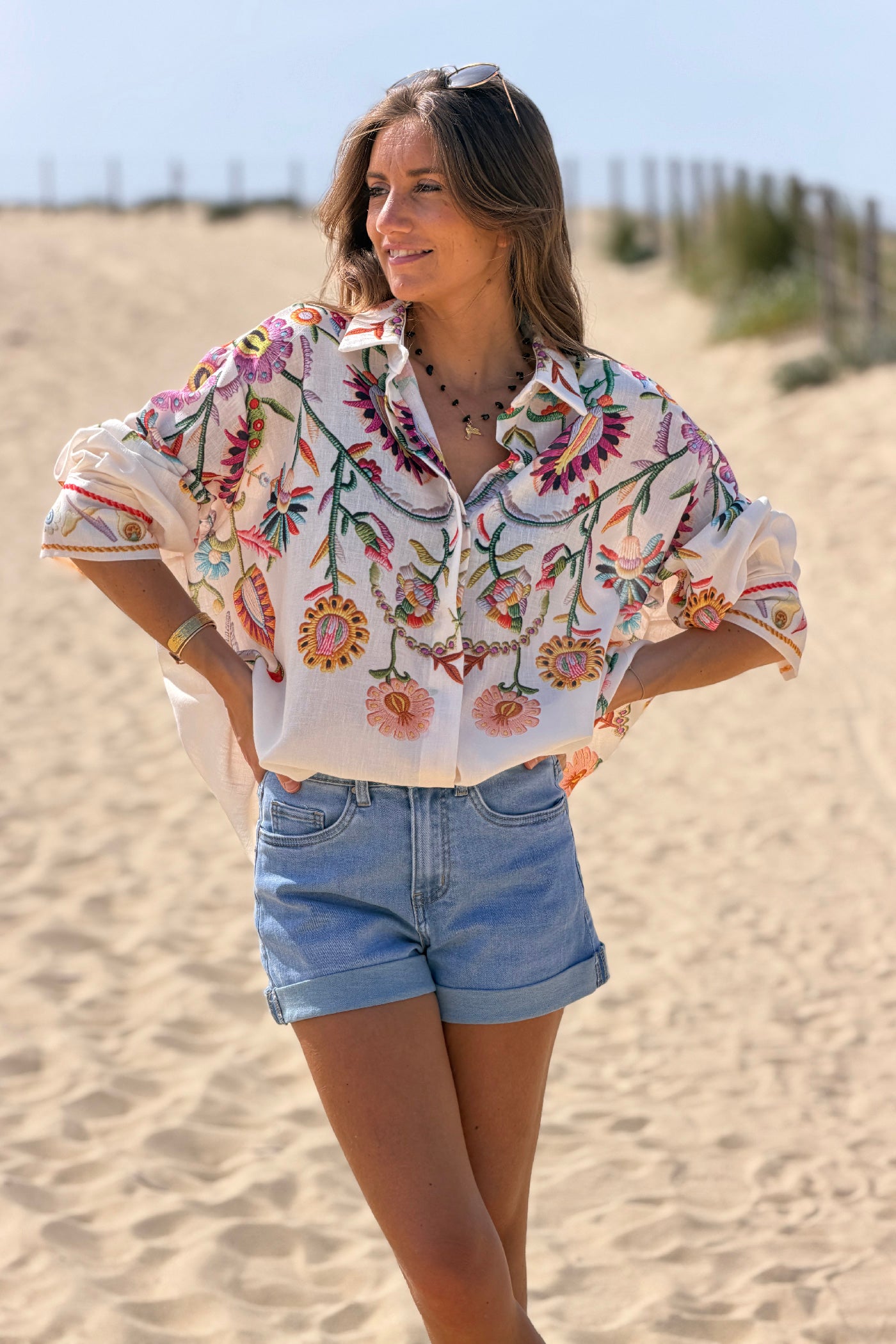 Beige Embroidered effect Folk Garden Button-Down Blouse